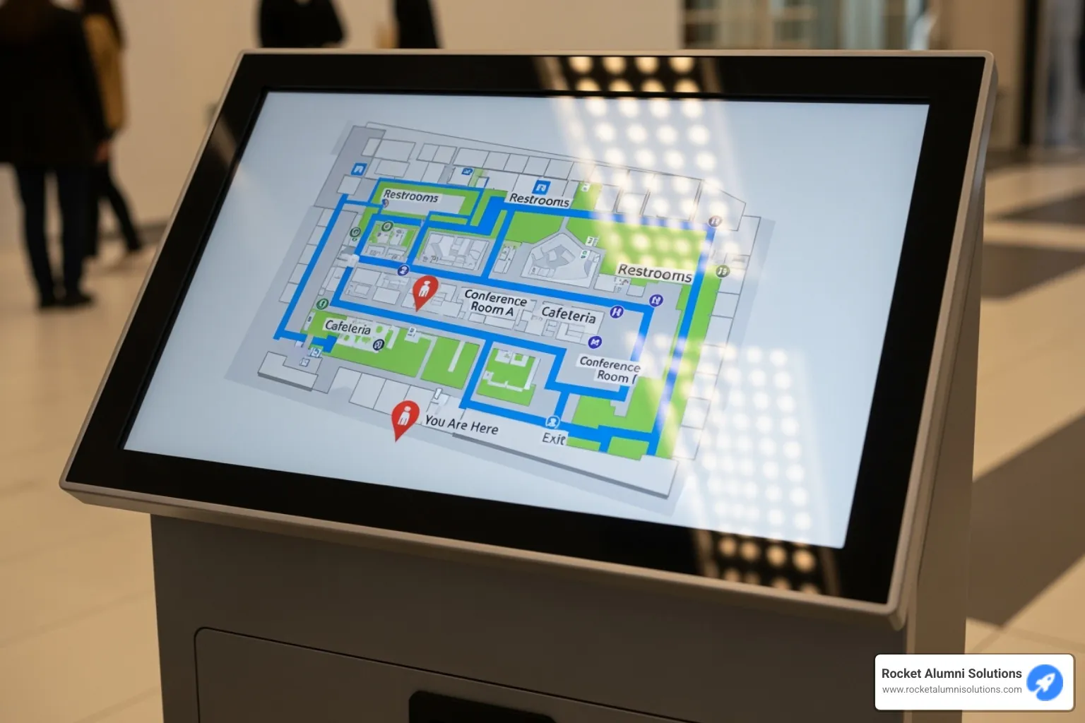An interactive map on a kiosk screen, showing a clear layout of a building with highlighted paths to various facilities - Assisted Living touchscreen directory An interactive map on a kiosk screen, showing a clear layout of a building with highlighted paths to various facilities - Assisted Living touchscreen directory