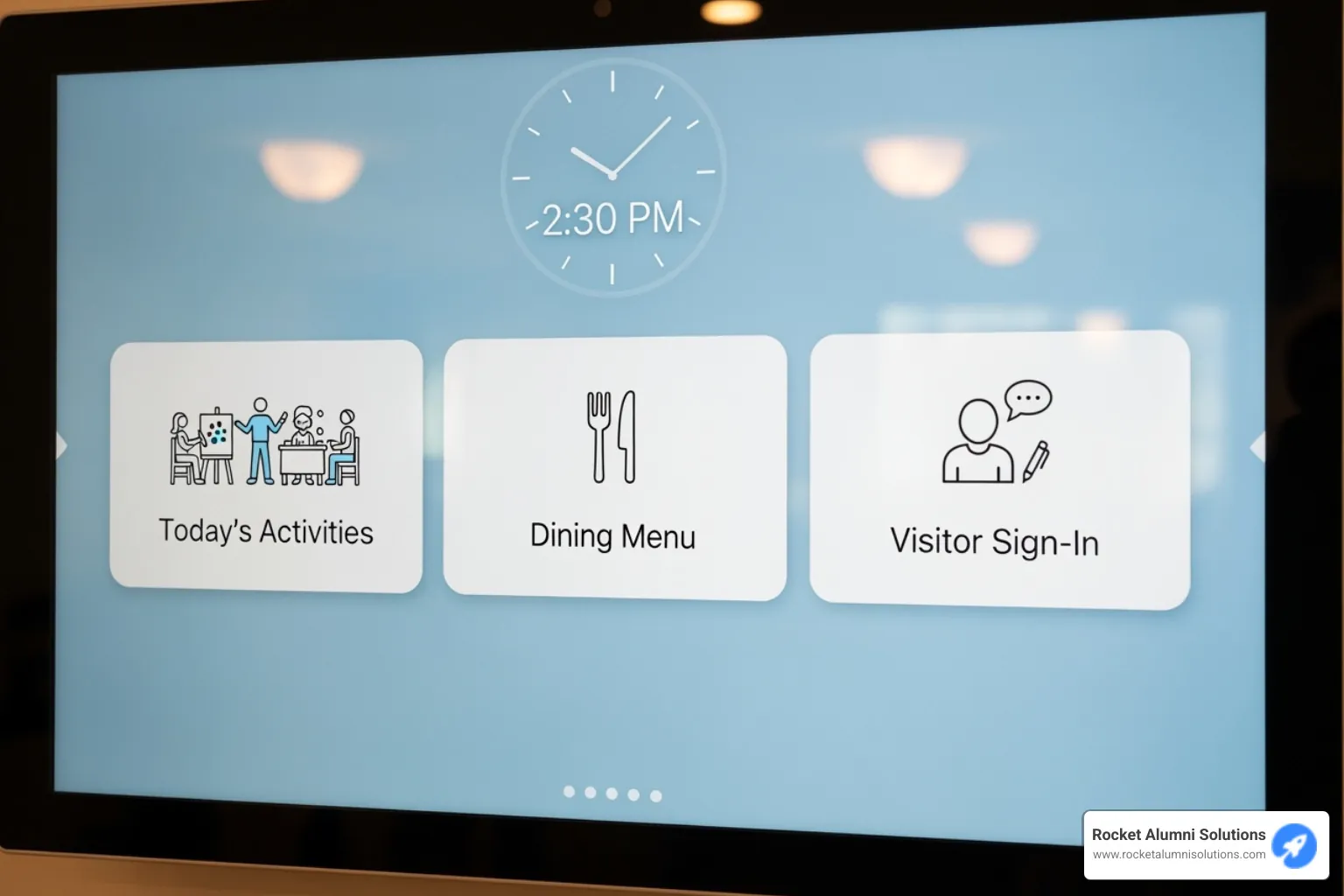 A close-up of a touchscreen interface showing different feature icons like "Today's Activities," "Dining Menu," and "Visitor Sign-In" - Assisted Living touchscreen directory A close-up of a touchscreen interface showing different feature icons like "Today's Activities," "Dining Menu," and "Visitor Sign-In" - Assisted Living touchscreen directory