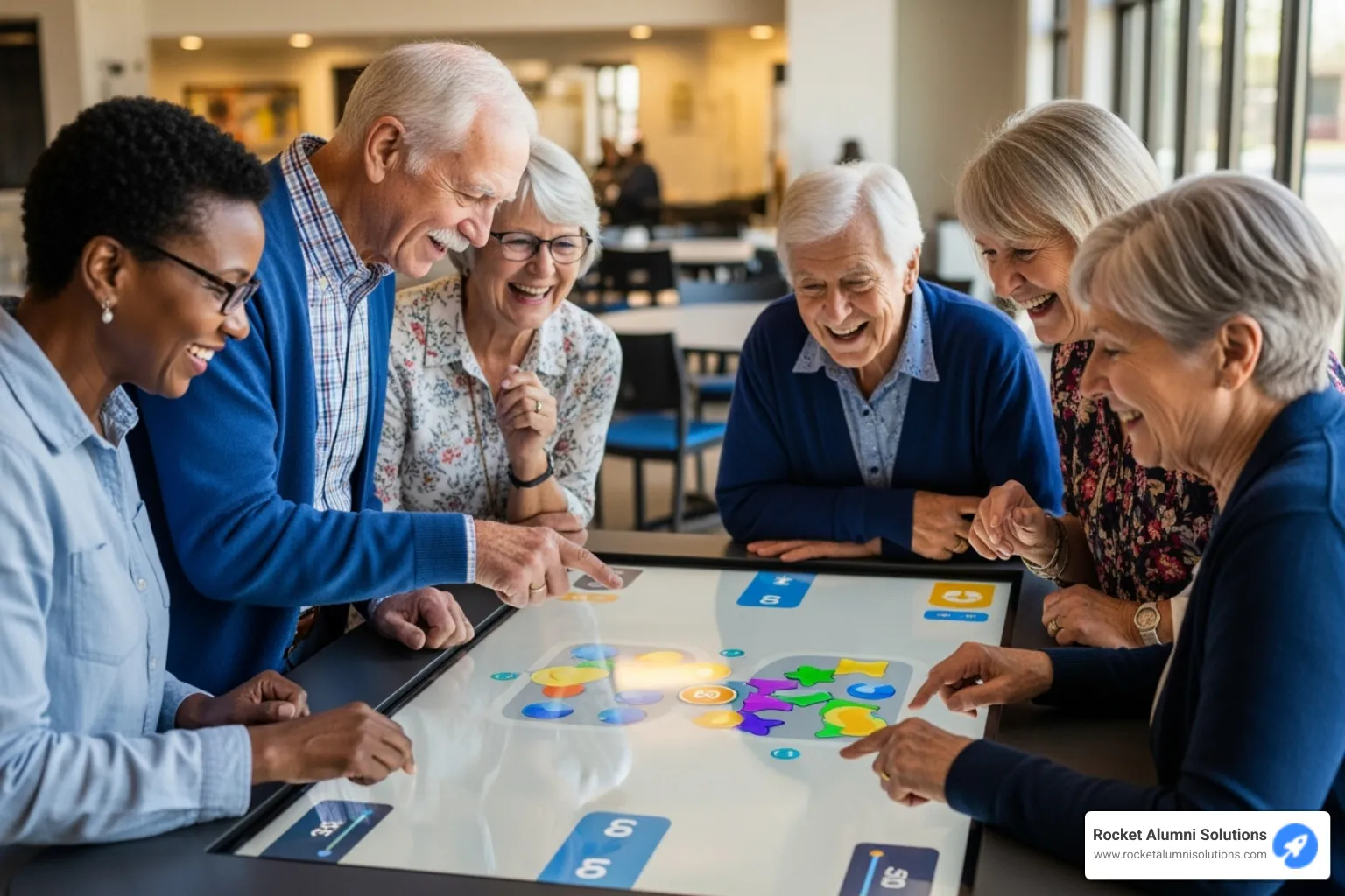A group of seniors happily interacting with a large touchscreen table, playing a game together - Assisted Living touchscreen directory A group of seniors happily interacting with a large touchscreen table, playing a game together - Assisted Living touchscreen directory