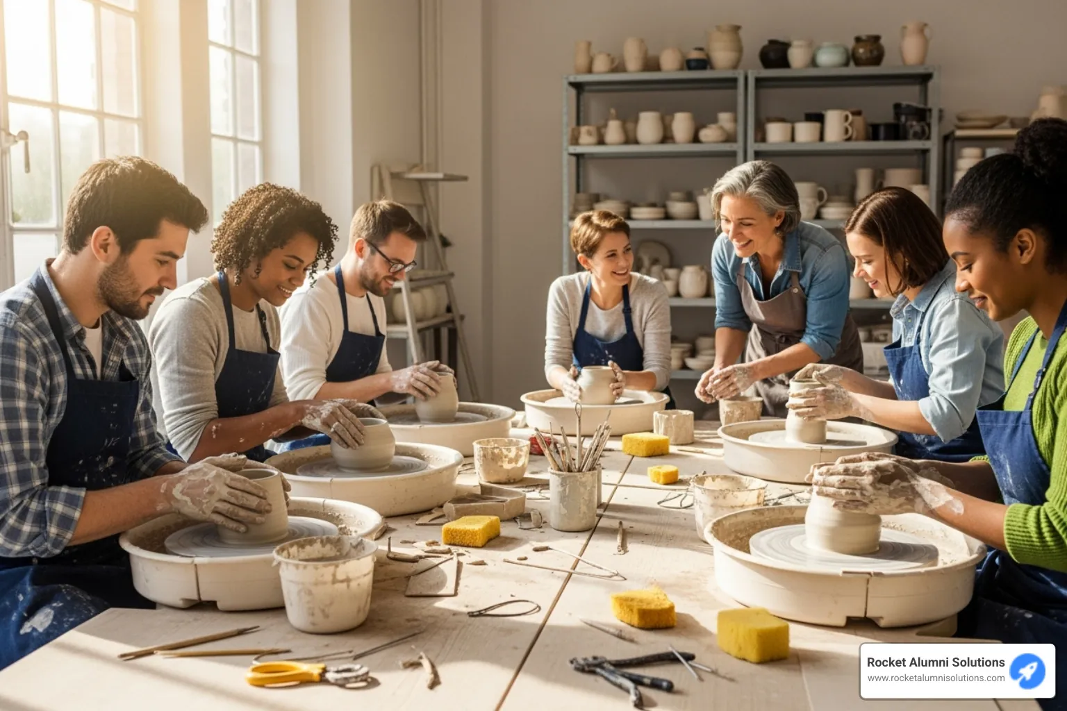 a team in a pottery-making class - activities to build team morale a team in a pottery-making class - activities to build team morale
