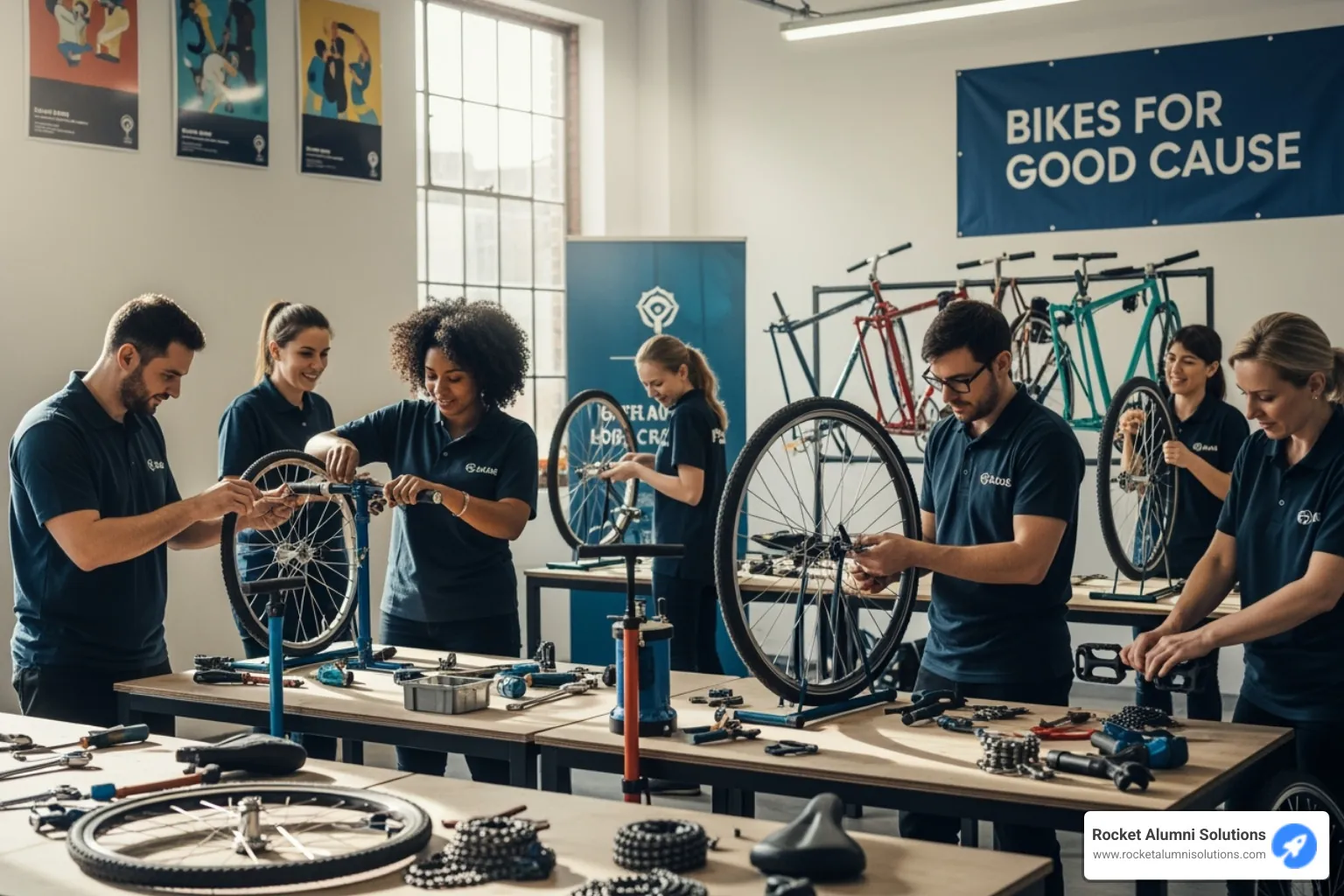 employees participating in a charity bike building event - activities to build team morale employees participating in a charity bike building event - activities to build team morale