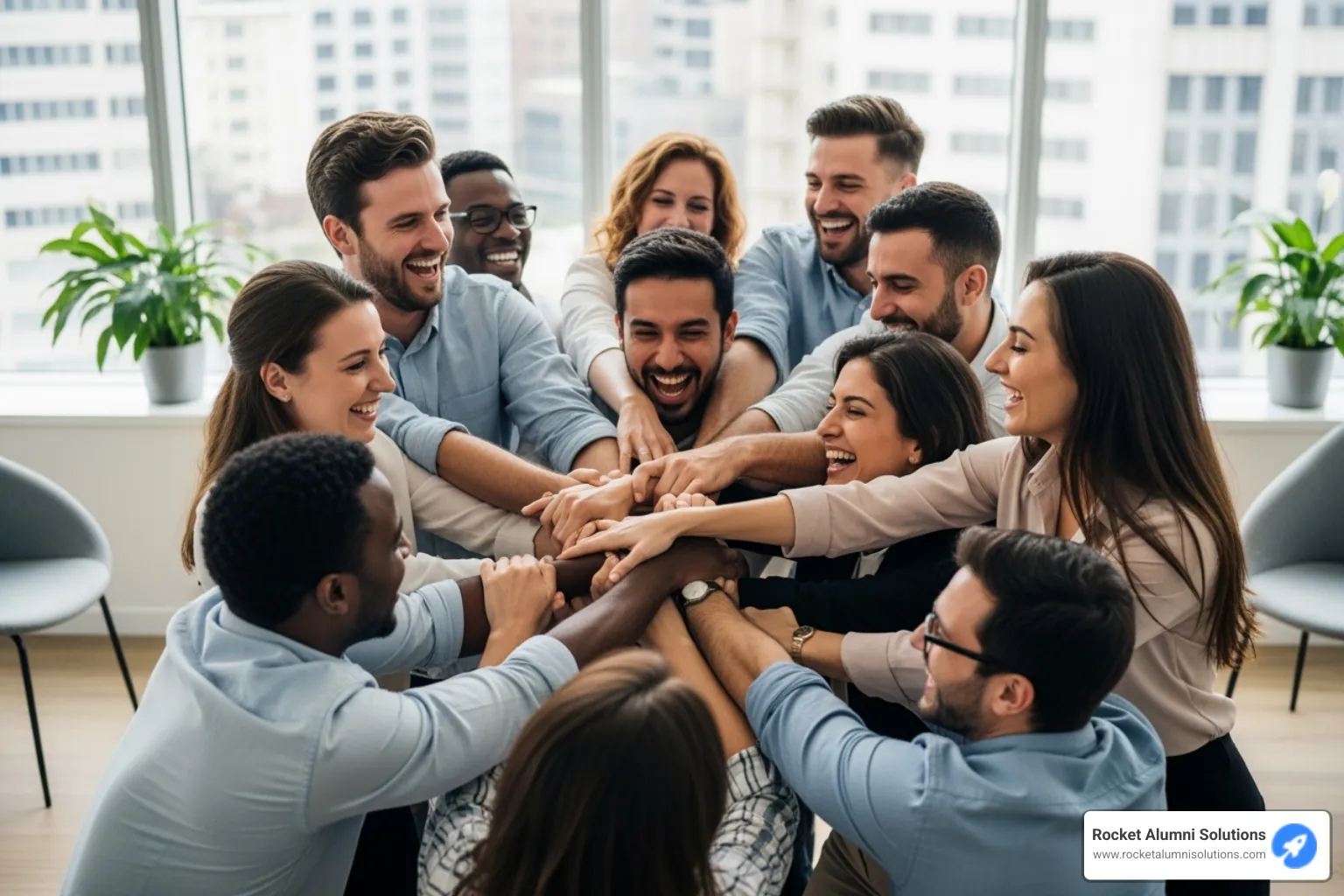 a team laughing while doing the "Human Knot" icebreaker - activities to build team morale a team laughing while doing the "Human Knot" icebreaker - activities to build team morale