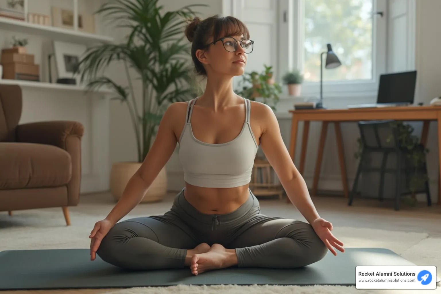 A person in comfortable workout clothes performs a yoga pose on a mat in their home office, with a laptop visible in the background. - morale boosting activities for remote workers