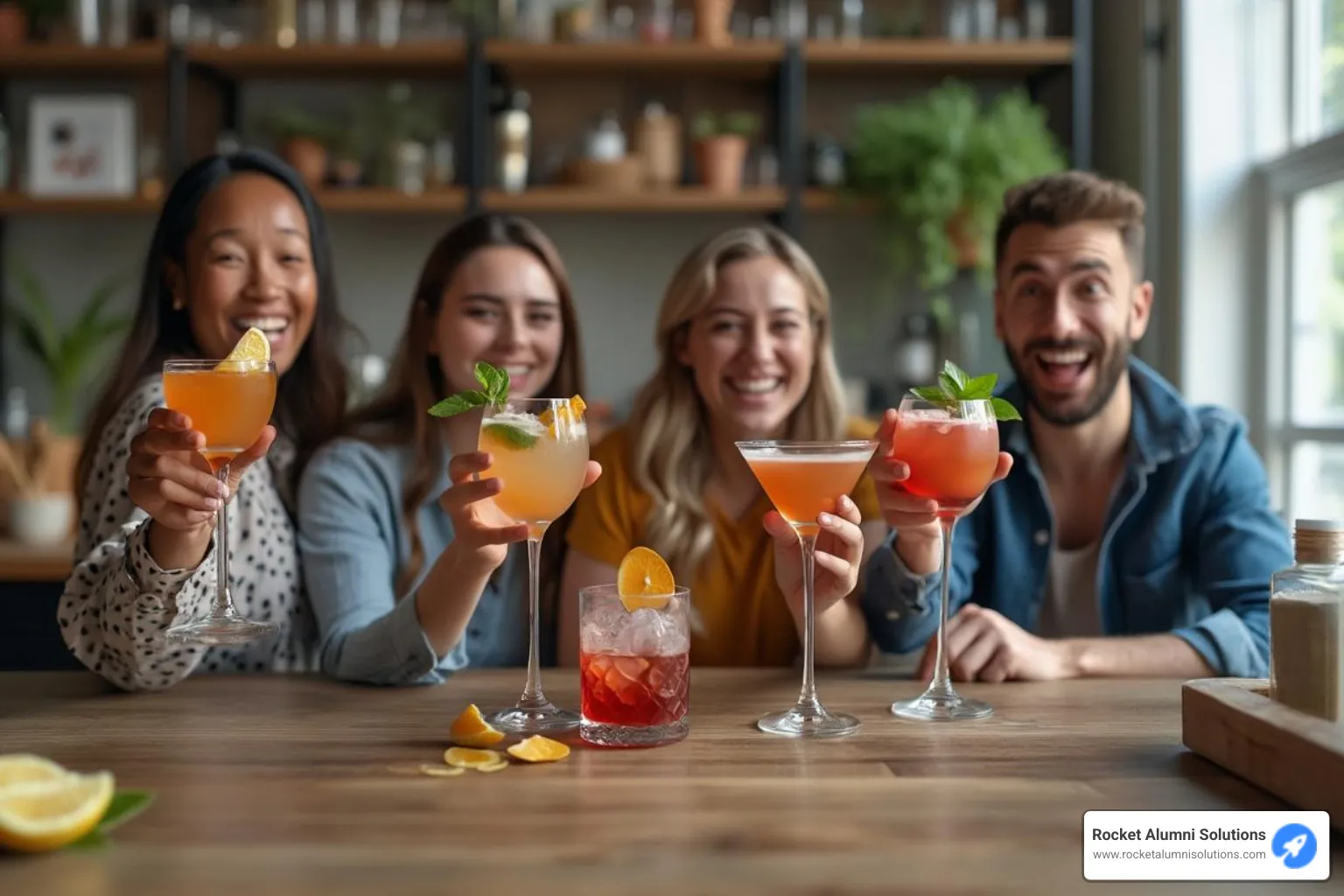 A diverse group of remote employees participating in a virtual mixology class, laughing and holding up their freshly made cocktails to the camera. - morale boosting activities for remote workers