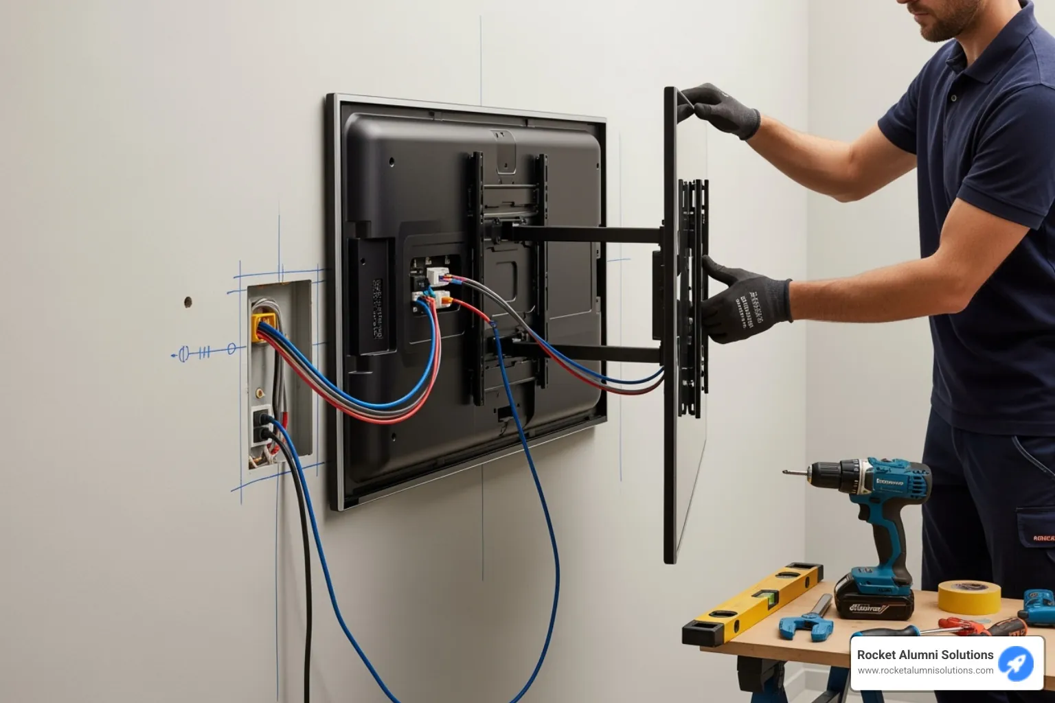 Image of a touchscreen display being installed on a wall, showing the mounting and wiring process. - Alumni Recognition Touchscreen Image of a touchscreen display being installed on a wall, showing the mounting and wiring process. - Alumni Recognition Touchscreen