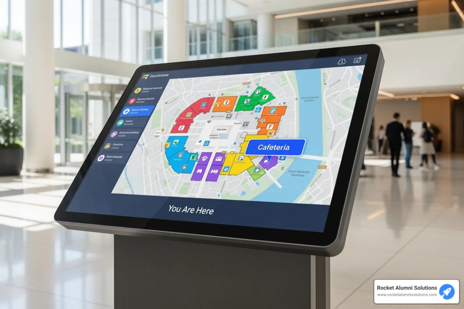 User interacting with a clear and simple Rocket Alumni Solutions kiosk interface - Kiosk Directory Touchscreen