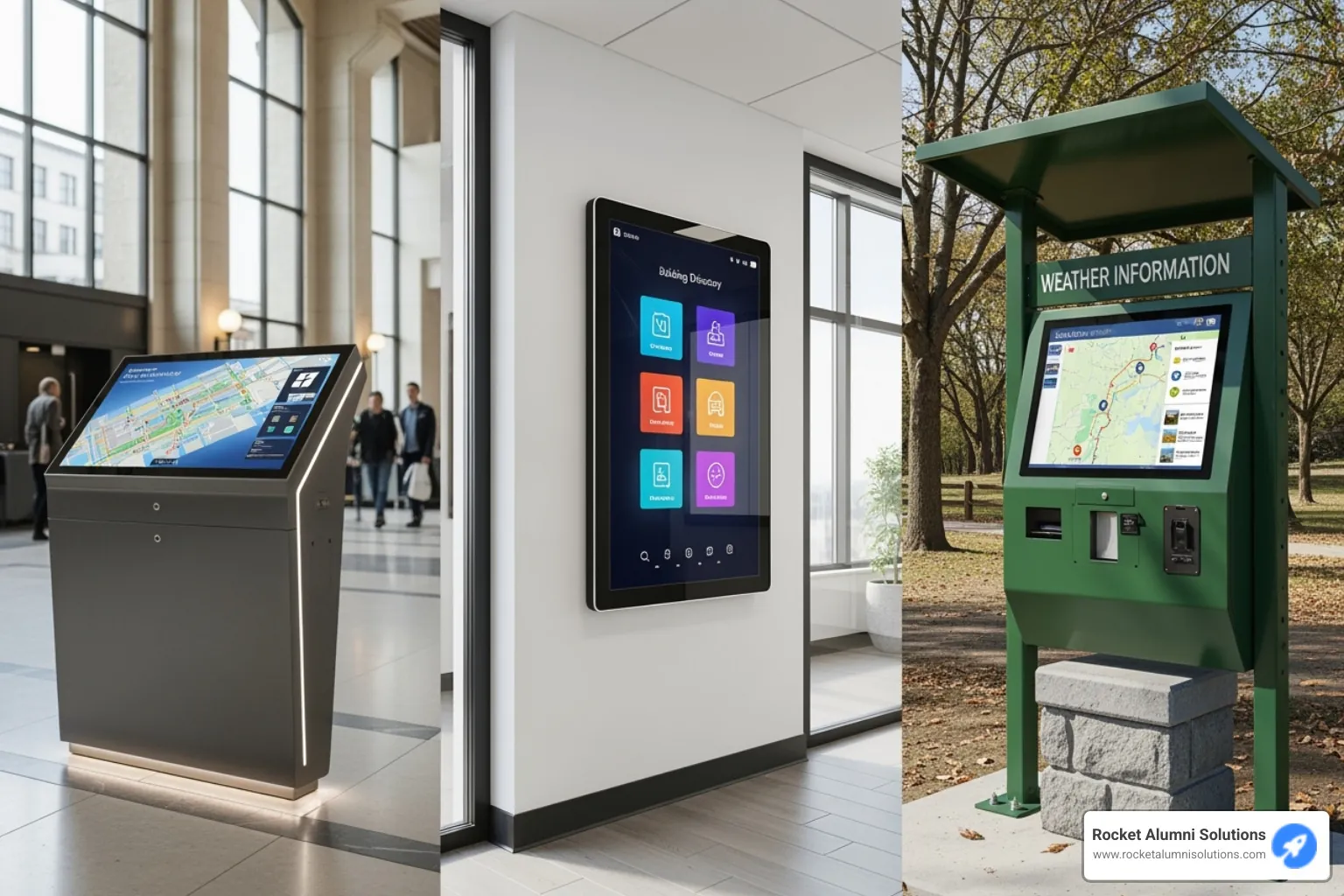 Collage of different Rocket Alumni Solutions kiosk designs: freestanding, wall-mounted, and outdoor models - Kiosk Directory Touchscreen