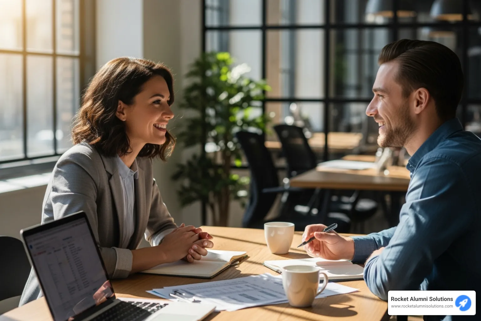 A manager and employee having a positive one-on-one meeting - employee engagement strategies