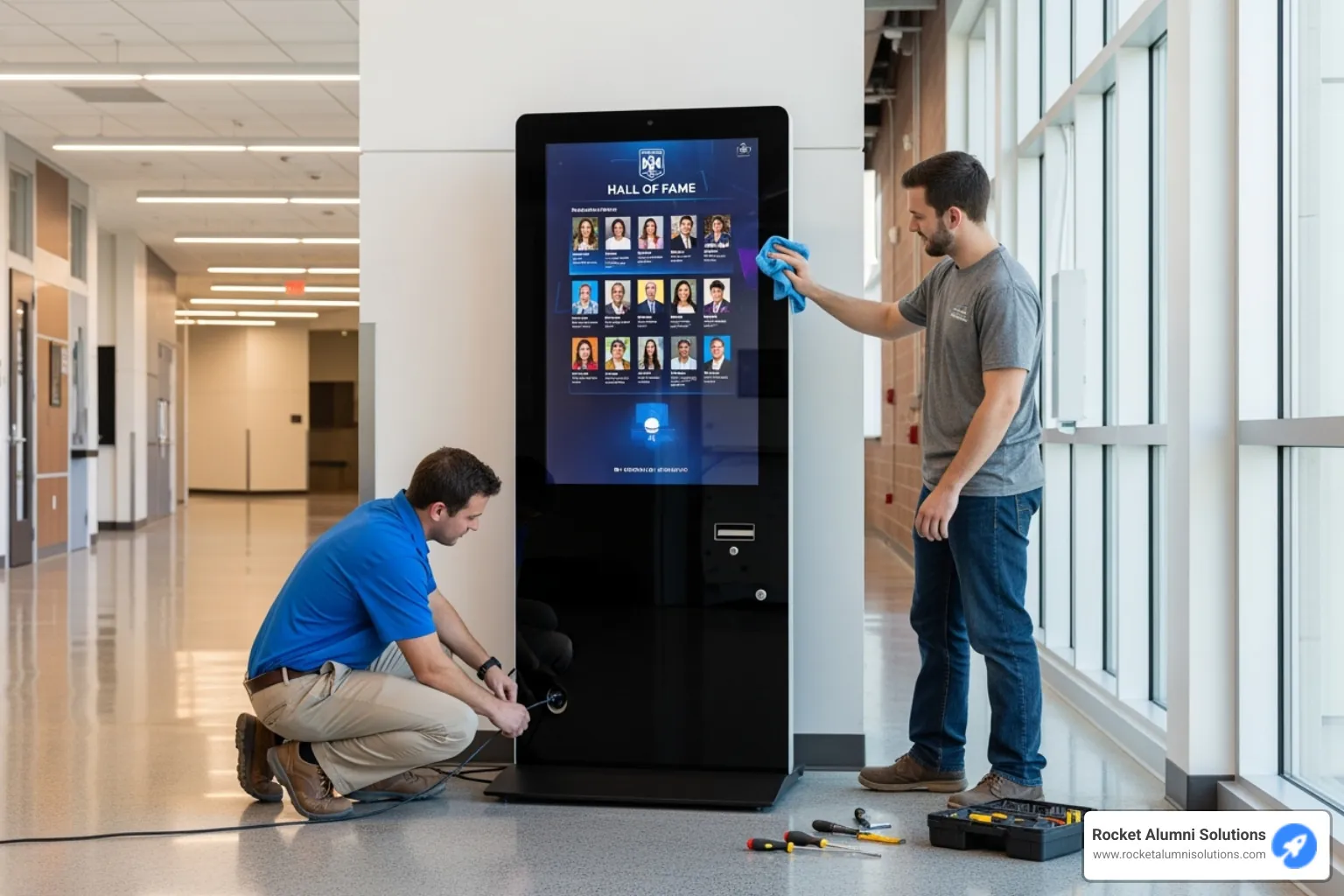 kiosk being installed in a hallway - touchscreen hall of fame kiosk