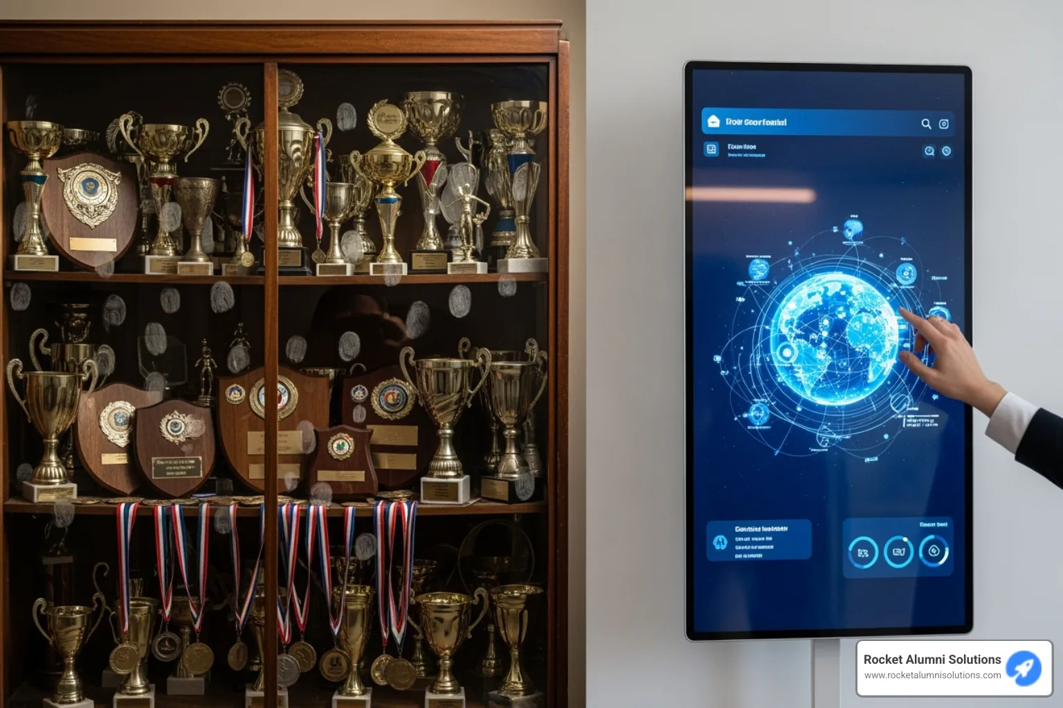 a crowded, static trophy case next to a clean, interactive digital display - Touchscreen wall of fame kiosk