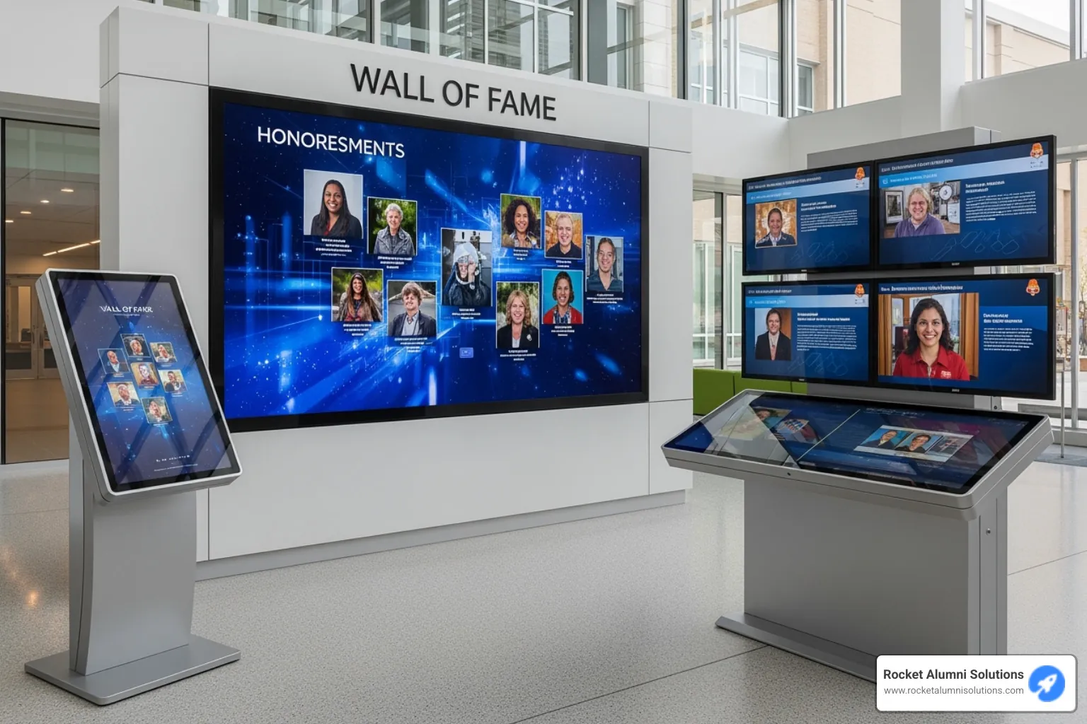 different hardware setups like wall-mounted, freestanding, and multi-screen displays - Touchscreen wall of fame kiosk