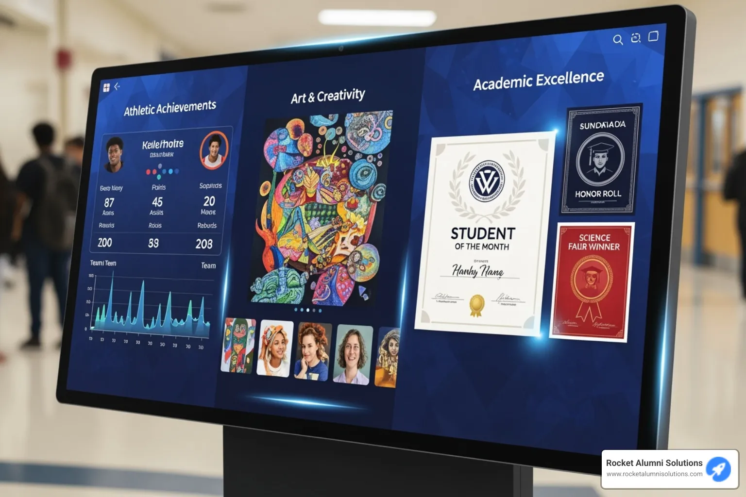 a kiosk displaying a mix of content: athletic stats, arts showcases, and academic awards - Touchscreen wall of fame kiosk