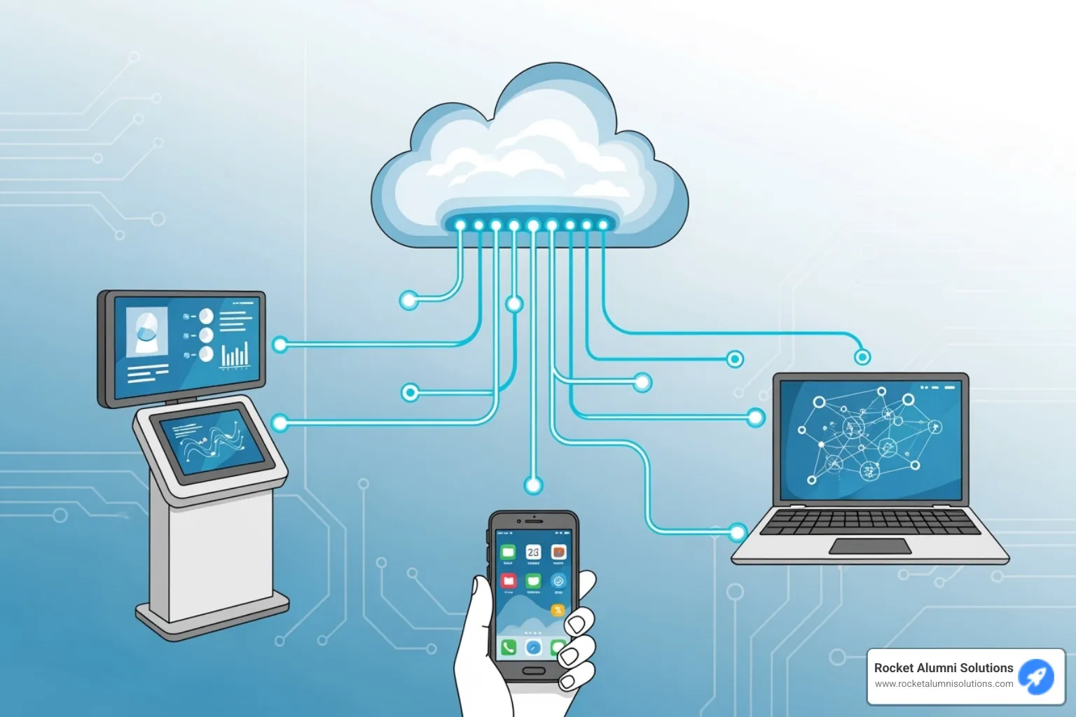 Illustration showing how a cloud-based CMS connects to a kiosk, website, and mobile devices - Hall of Fame Kiosk