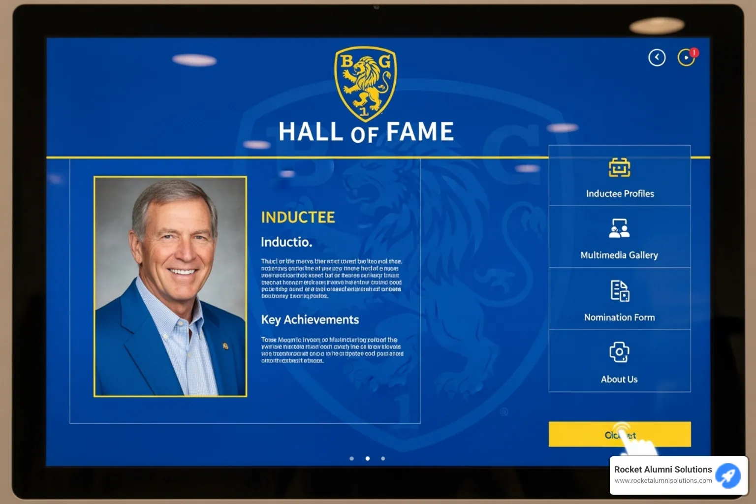 Custom-branded kiosk interface showing school colors and logos - Hall of Fame Kiosk