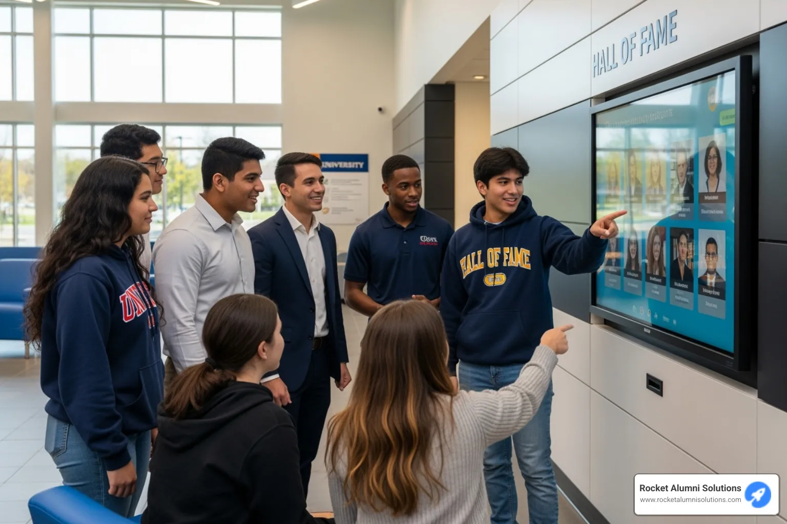 Students and alumni interacting with a touchscreen Hall of Fame - Hall of Fame Kiosk