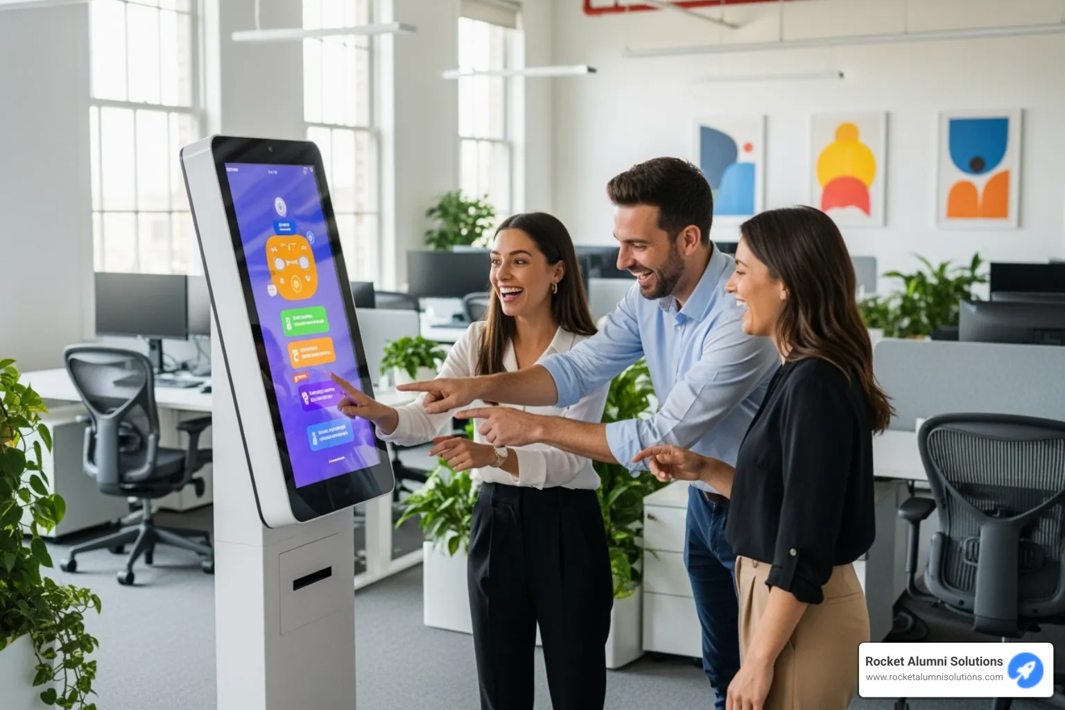 employees interacting happily with a recognition kiosk - Employee Recognition Touchscreen