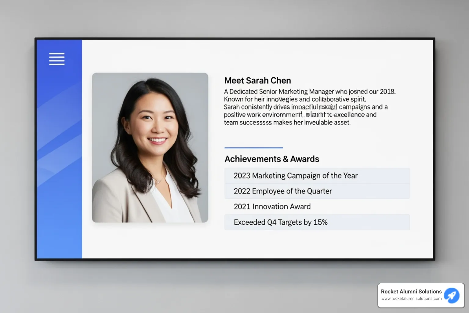 a well-designed recognition profile with a photo, bio, and list of achievements - Employee Recognition Touchscreen