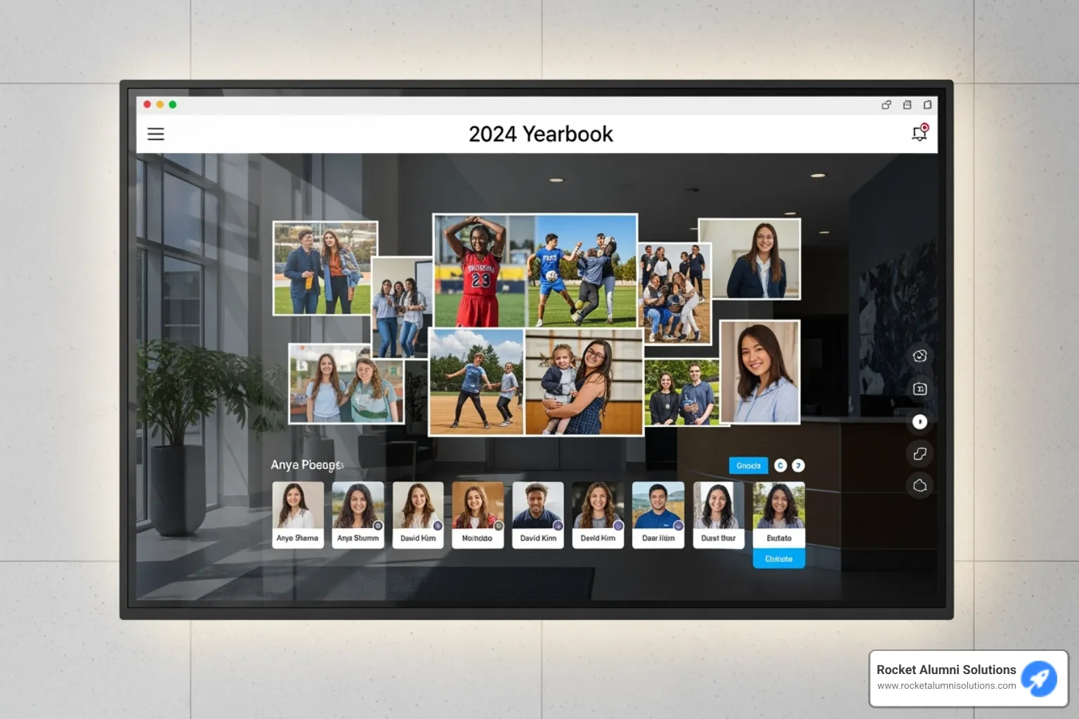 Sleek, wall-mounted touchscreen displaying a school's digital yearbook homepage - Touchscreen Yearbook Solution Sleek, wall-mounted touchscreen displaying a school's digital yearbook homepage - Touchscreen Yearbook Solution