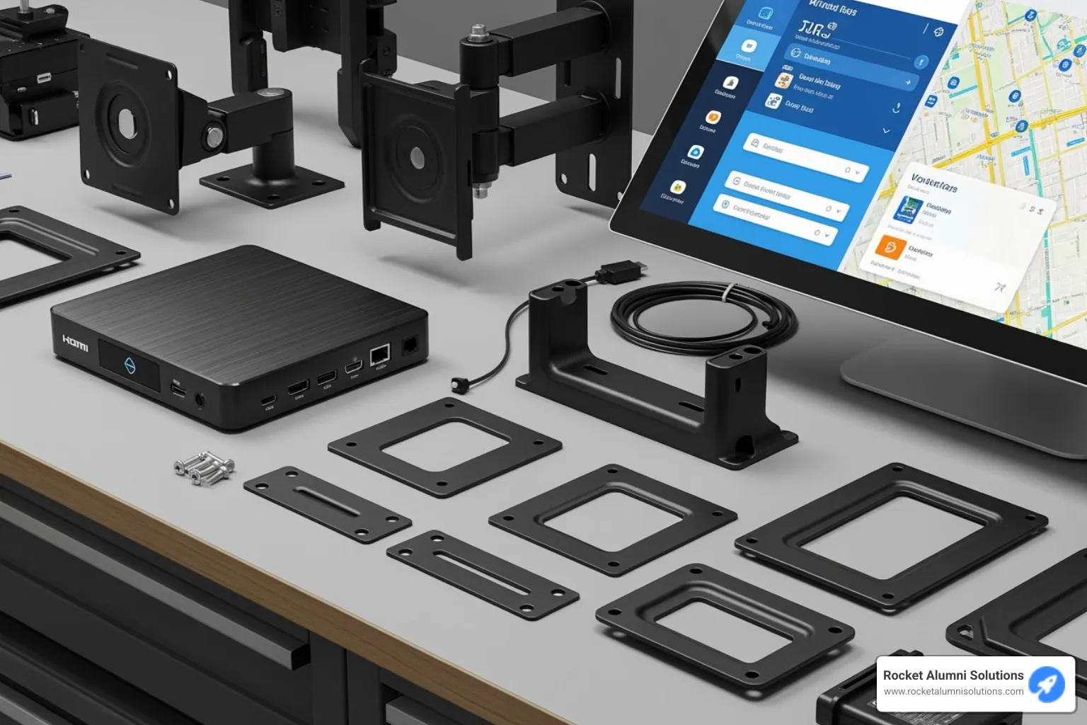 different touchscreen hardware components like a large display, a media player, and mounting brackets - Touchscreen Records Display different touchscreen hardware components like a large display, a media player, and mounting brackets - Touchscreen Records Display