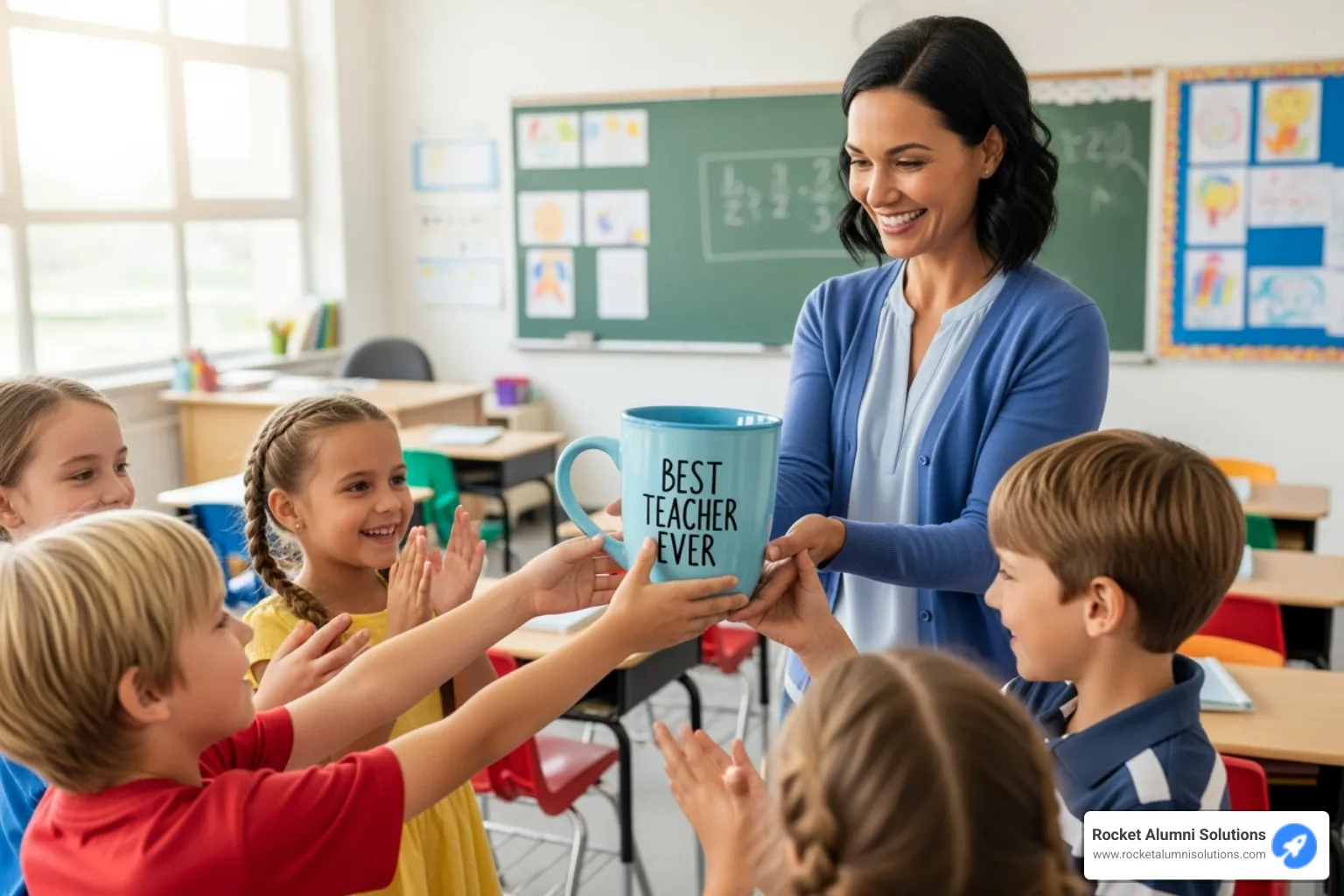 a teacher receiving a "Most Caffeinated" mug award from students - superlative ideas