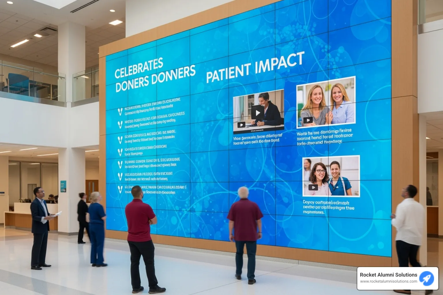 large video wall in a hospital displaying donor impact stories - digital donor walls non-interactive large video wall in a hospital displaying donor impact stories - digital donor walls non-interactive