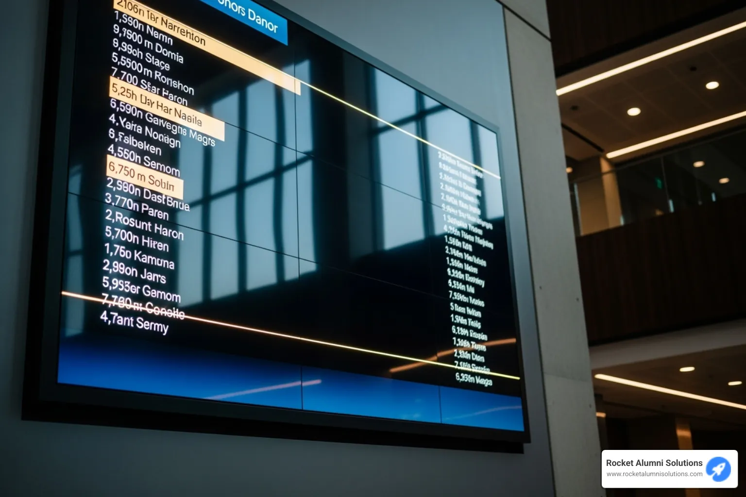 close-up on a non-interactive screen showing a scrolling list of donor names - digital donor walls non-interactive close-up on a non-interactive screen showing a scrolling list of donor names - digital donor walls non-interactive