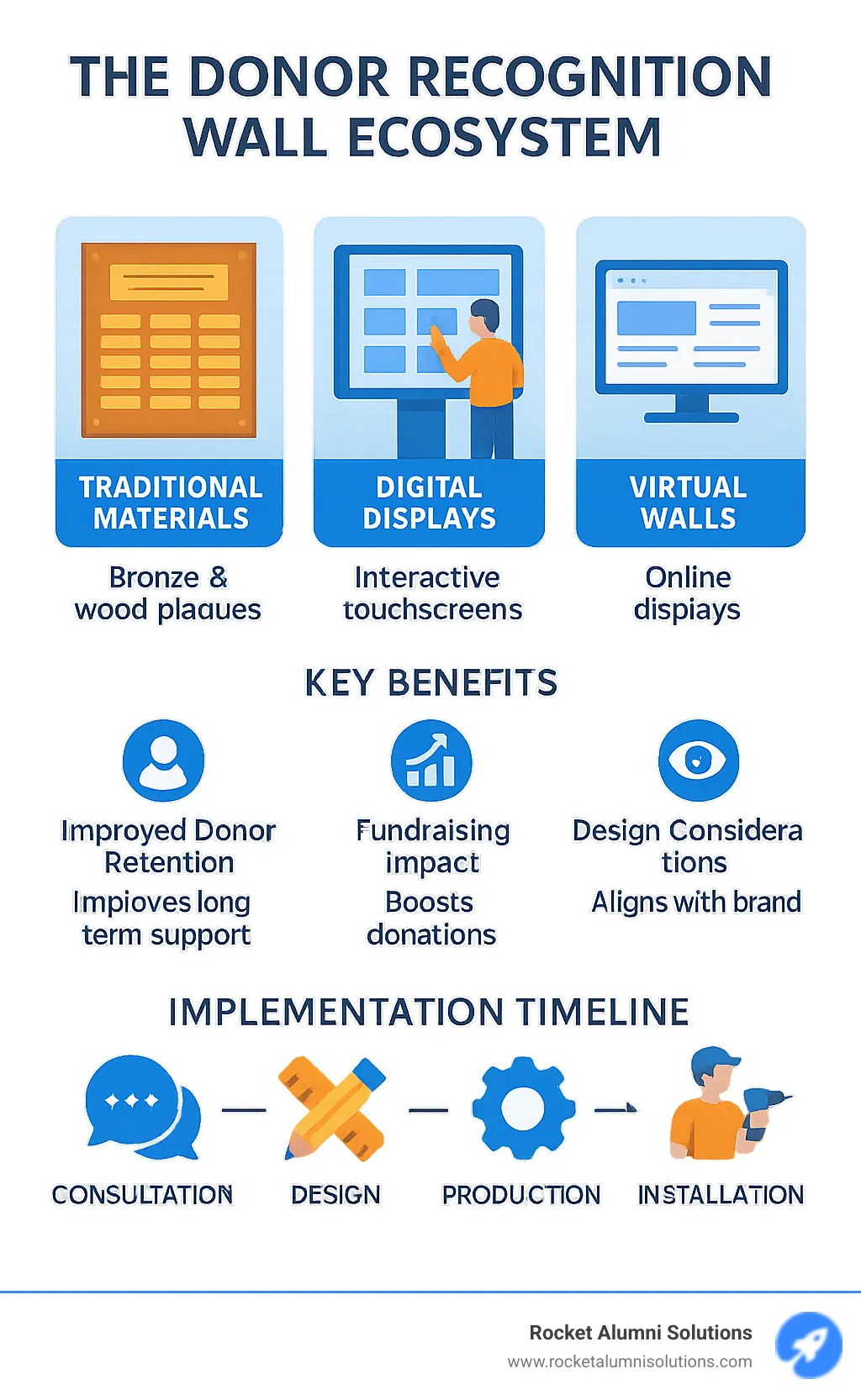 Comprehensive infographic showing the complete donor recognition wall ecosystem including traditional materials like bronze and wood plaques, digital interactive displays with touchscreens, virtual online walls, key benefits like improved donor retention and fundraising impact, design considerations for brand alignment, and implementation timeline from consultation to installation - Donor Recognition Wall infographic