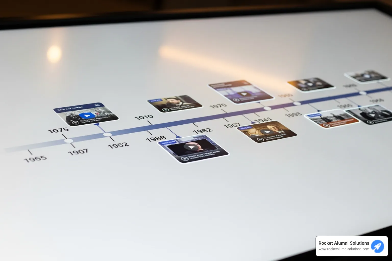 A close-up on a touchscreen displaying an interactive historical timeline with photos and videos. - Donor Wall Touchscreen A close-up on a touchscreen displaying an interactive historical timeline with photos and videos. - Donor Wall Touchscreen