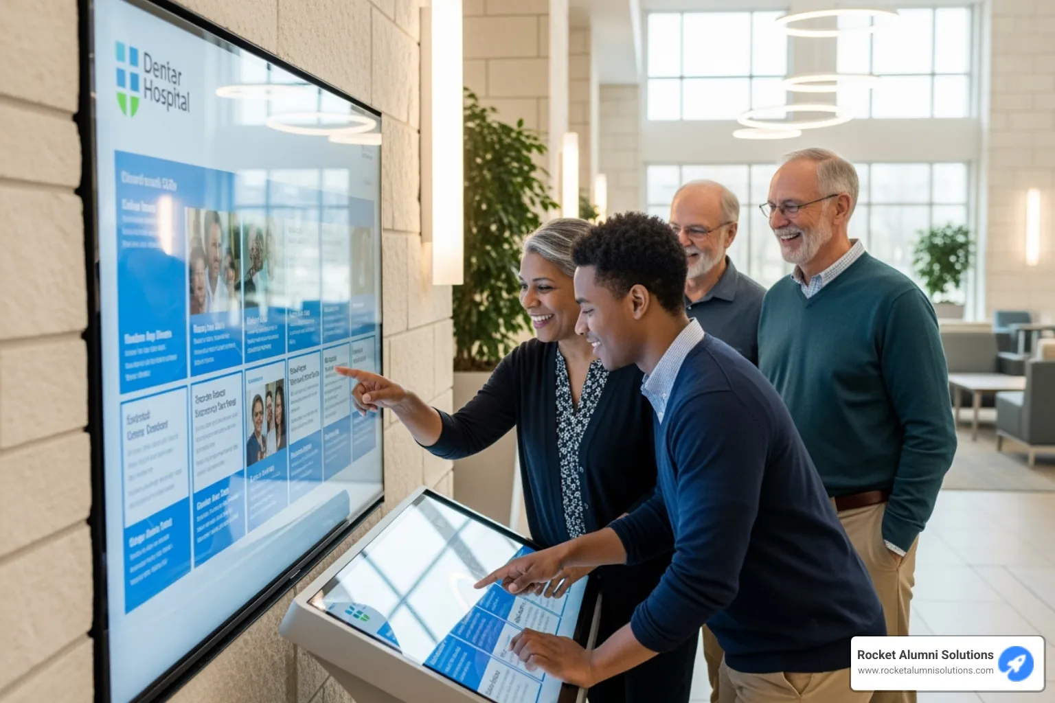 People interacting with a touchscreen donor wall in a hospital, smiling and pointing at the screen. - Donor Wall Touchscreen People interacting with a touchscreen donor wall in a hospital, smiling and pointing at the screen. - Donor Wall Touchscreen