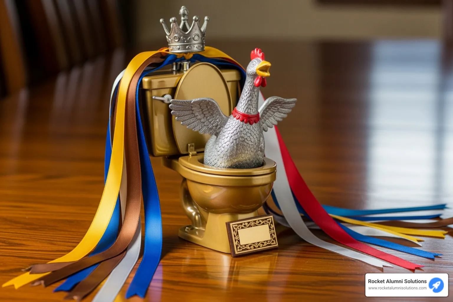 A custom-made, humorous trophy on a table with ribbons - funny coach awards A custom-made, humorous trophy on a table with ribbons - funny coach awards
