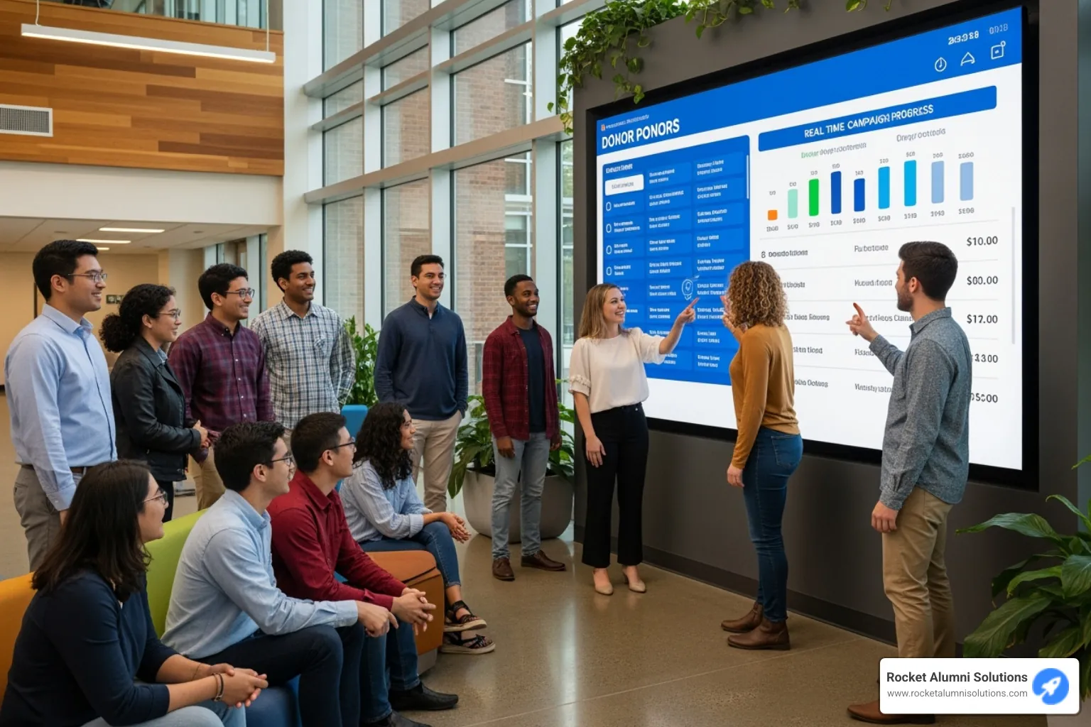A diverse group of people, including students, alumni, and faculty, smiling and interacting with a large, bright touchscreen donor wall in a modern school lobby. - Donor Touchscreen Appreciation