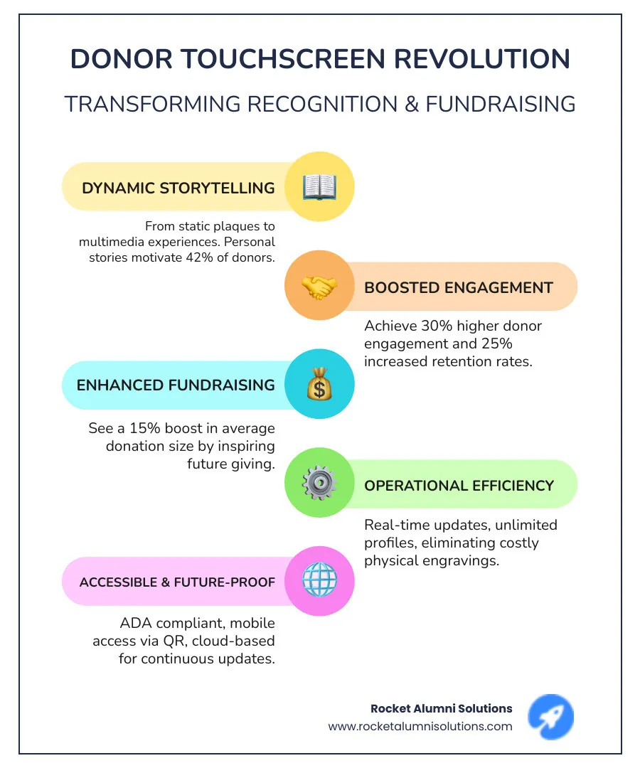 Comprehensive infographic showing the evolution from traditional donor plaques to interactive touchscreen systems, featuring statistics on engagement rates, retention improvements, cost savings over time, key technological components like PCAP touchscreens and cloud-based management, and various implementation options from static displays to fully interactive walls - Donor Touchscreen Appreciation infographic infographic-line-5-steps-colors