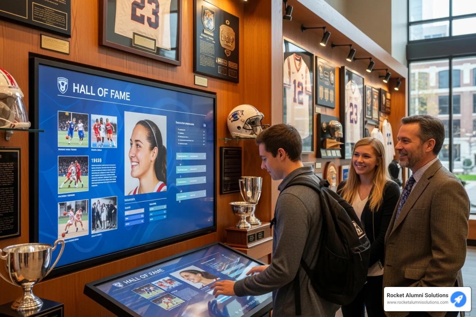 A vibrant, interactive Hall of Fame display at a university, featuring a large touchscreen showing athlete profiles, statistics, and historical photos, with students and faculty engaging with the display. - Donor Touchscreen Appreciation