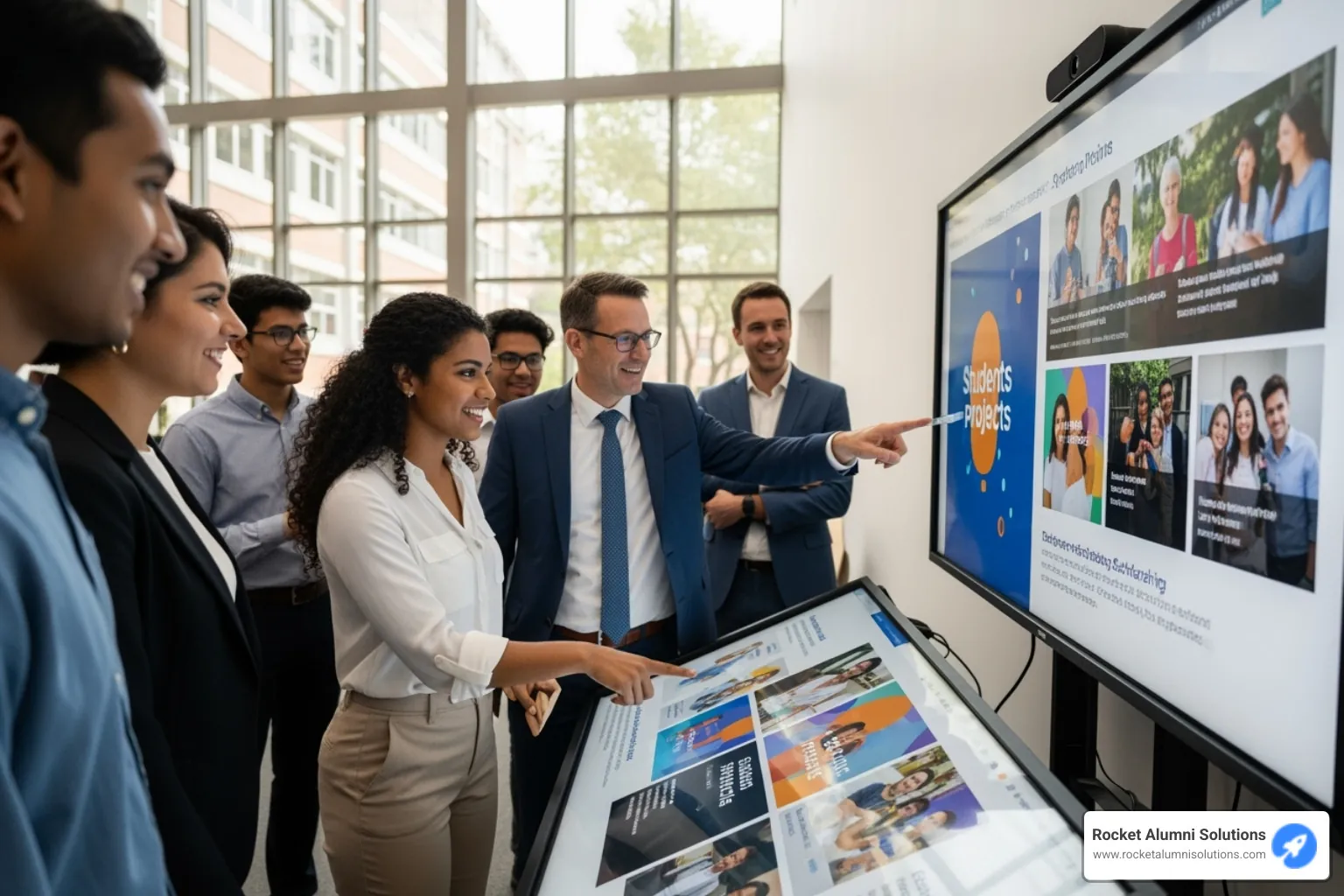 Students and donors interacting with a touchscreen display - Scholarship Acknowledgement Touchscreen Students and donors interacting with a touchscreen display - Scholarship Acknowledgement Touchscreen