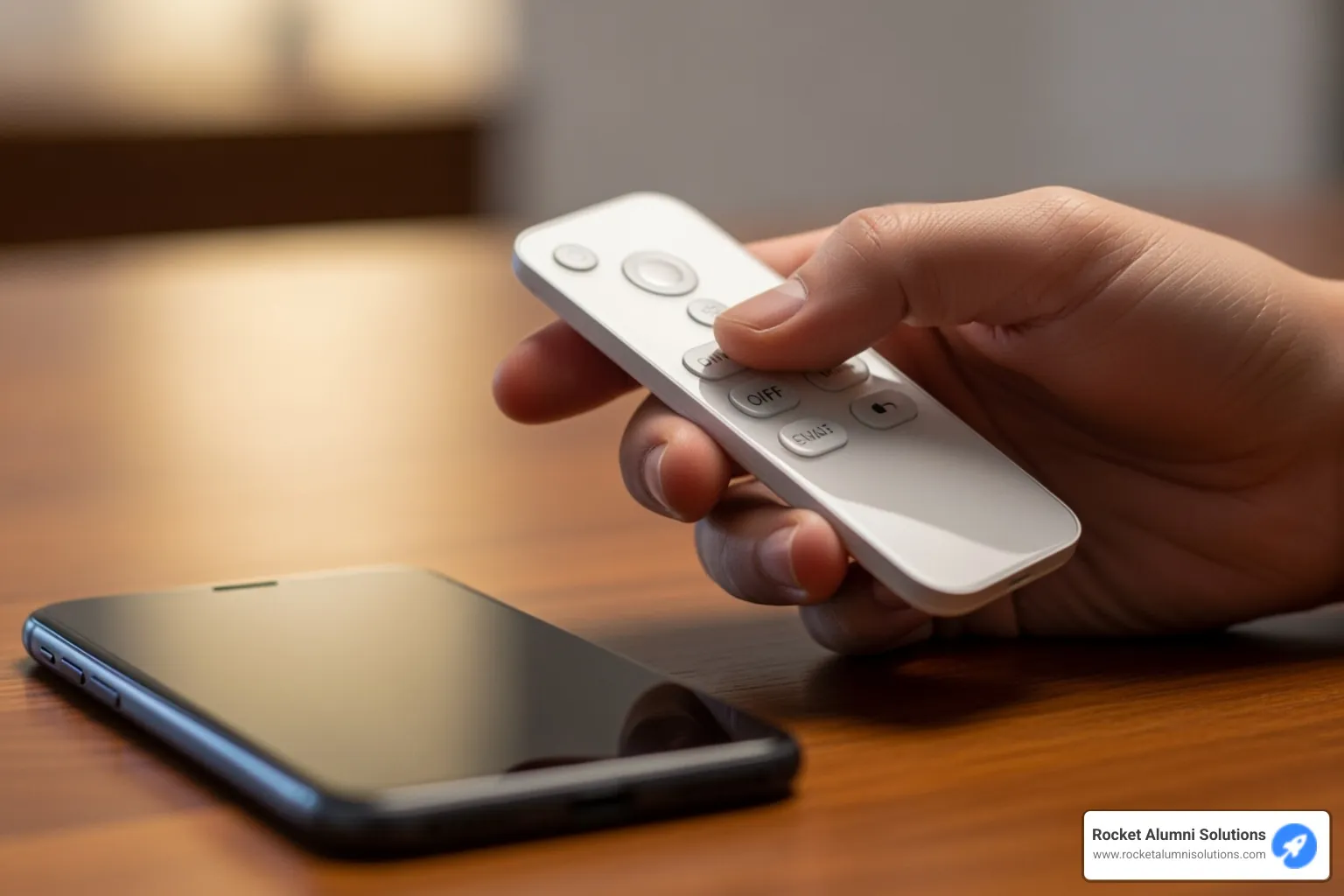 A hand holding a simple physical remote controlling a smart light, contrasting with a smartphone lying unused on a table - no app required