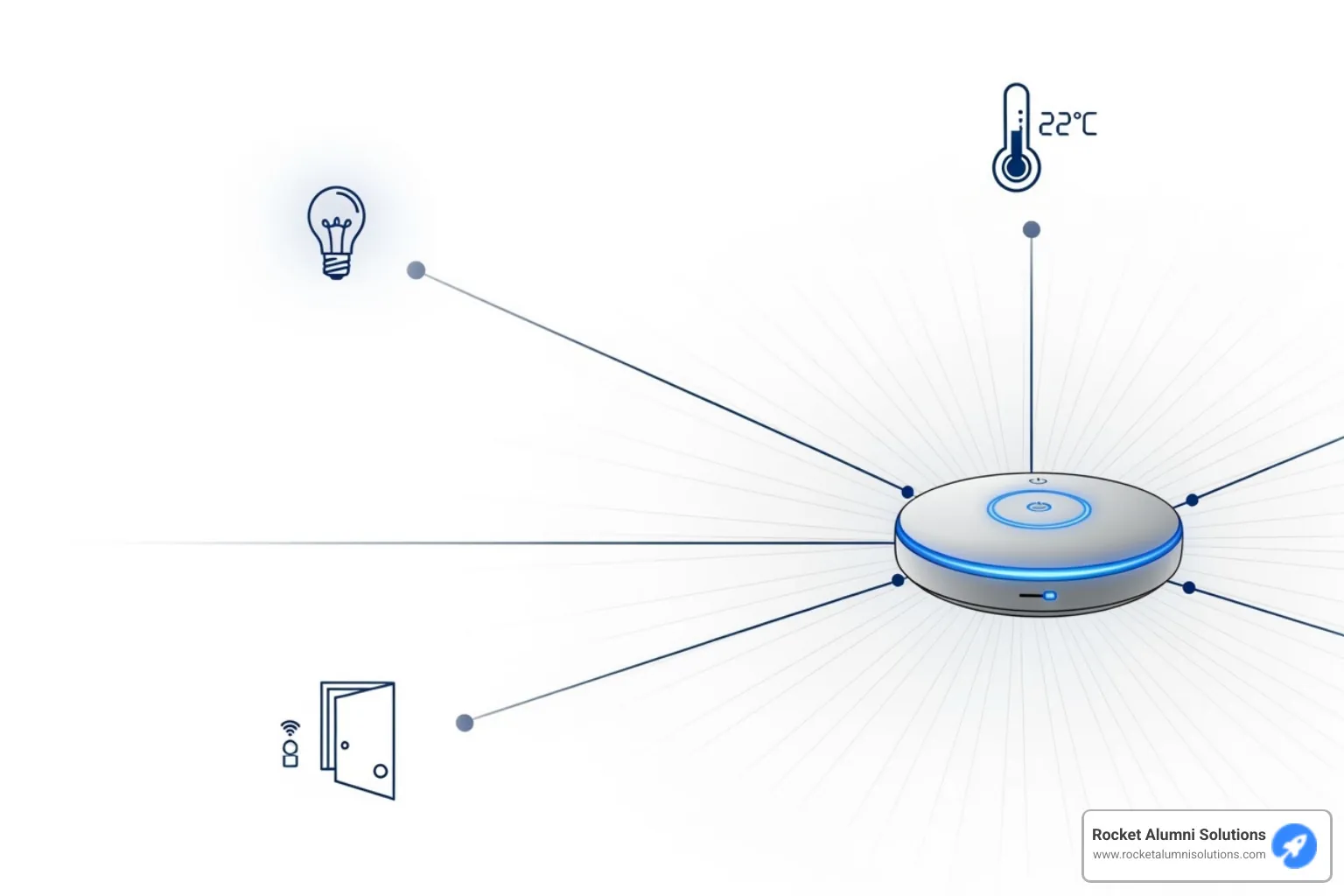 A smart home hub with radiating lines connecting to icons representing various smart devices like lights, thermostats, and door sensors - no app required