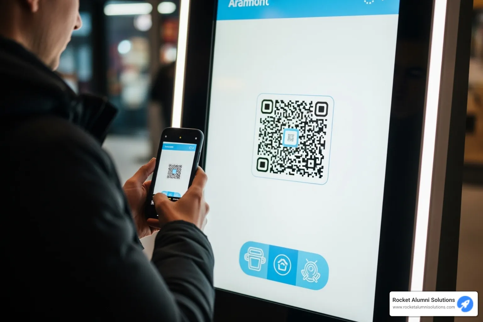 A person using their smartphone camera to scan a QR code displayed on a digital kiosk screen - no app required