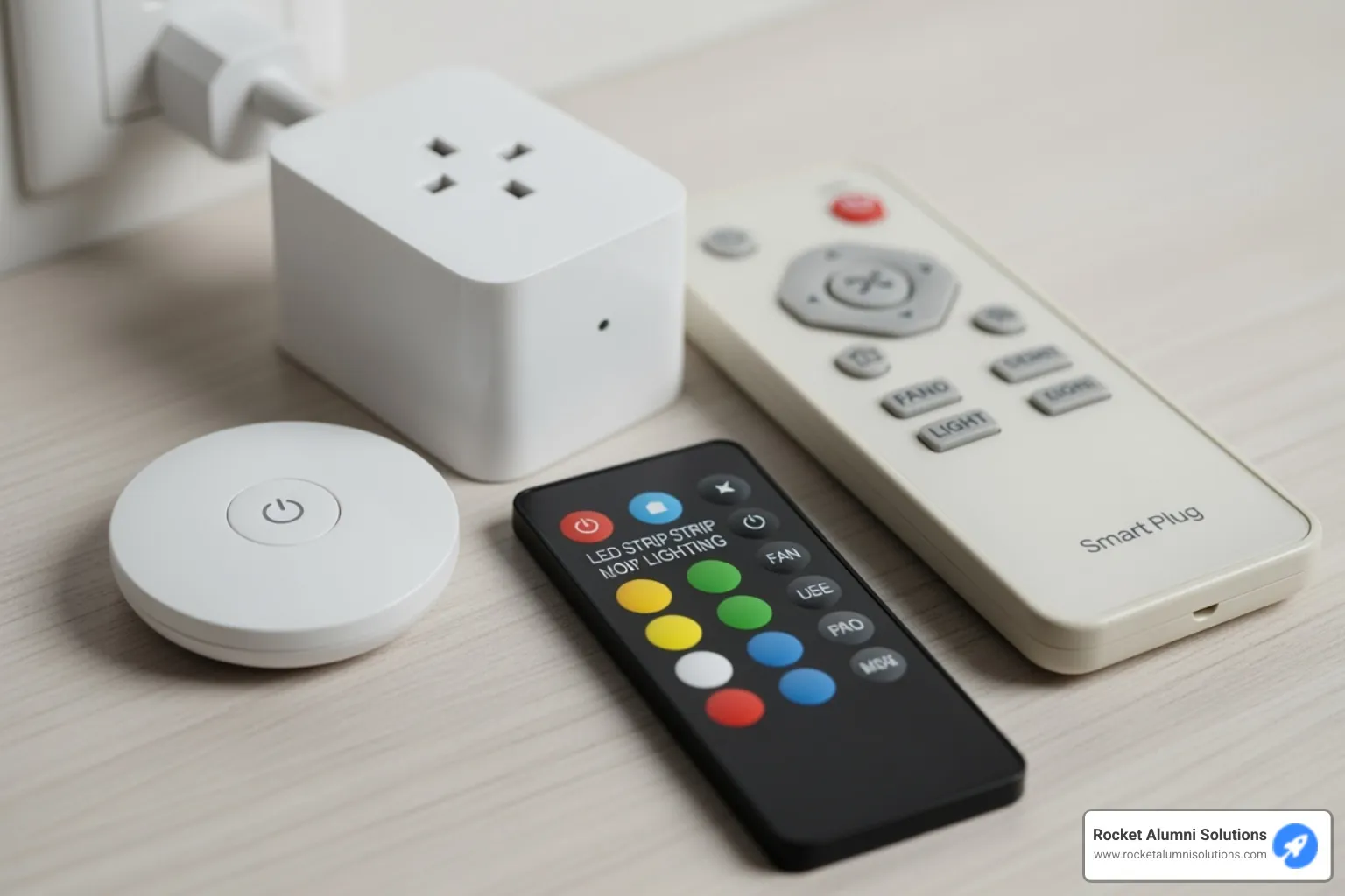 A collection of various remote-controlled home devices, including a smart plug with a remote, a ceiling fan remote, and a remote for LED strip lighting - no app required