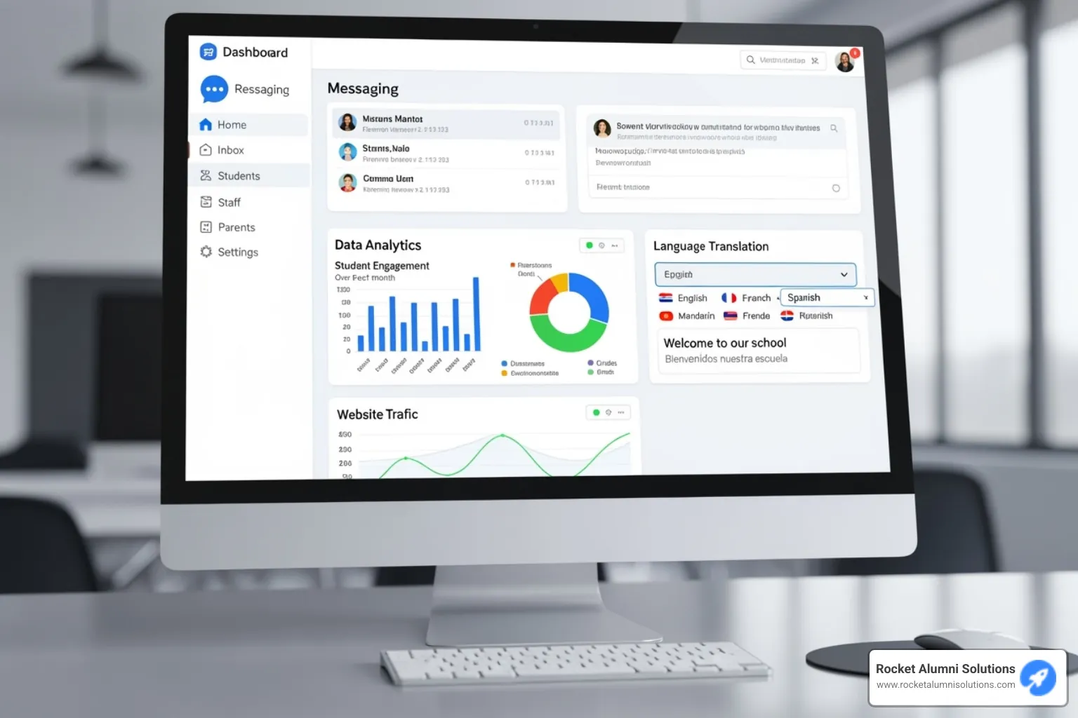 Image of a dashboard showing key communication platform features including messaging, analytics, and translation options - school communication tools