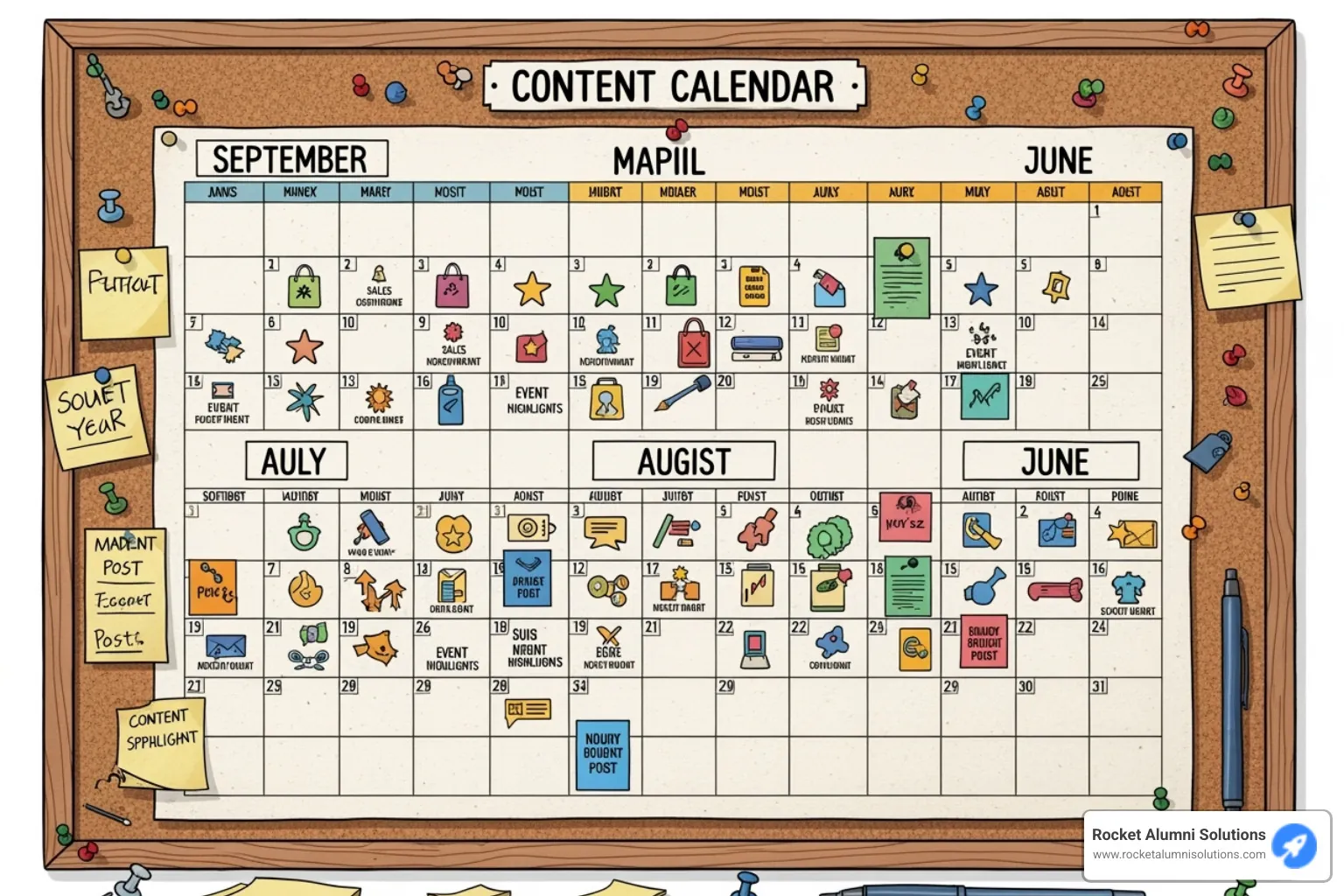Sample social media content calendar for a school year, showing different types of posts scheduled monthly, including sales announcements, event highlights, and content spotlights. - yearbook social media
