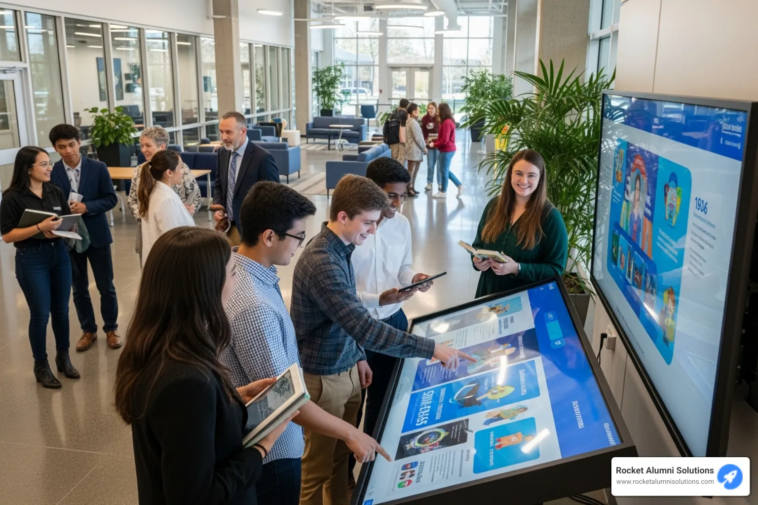 Students and alumni interacting with a touchscreen display in a school lobby - Alumni Achievement Touchscreen Students and alumni interacting with a touchscreen display in a school lobby - Alumni Achievement Touchscreen