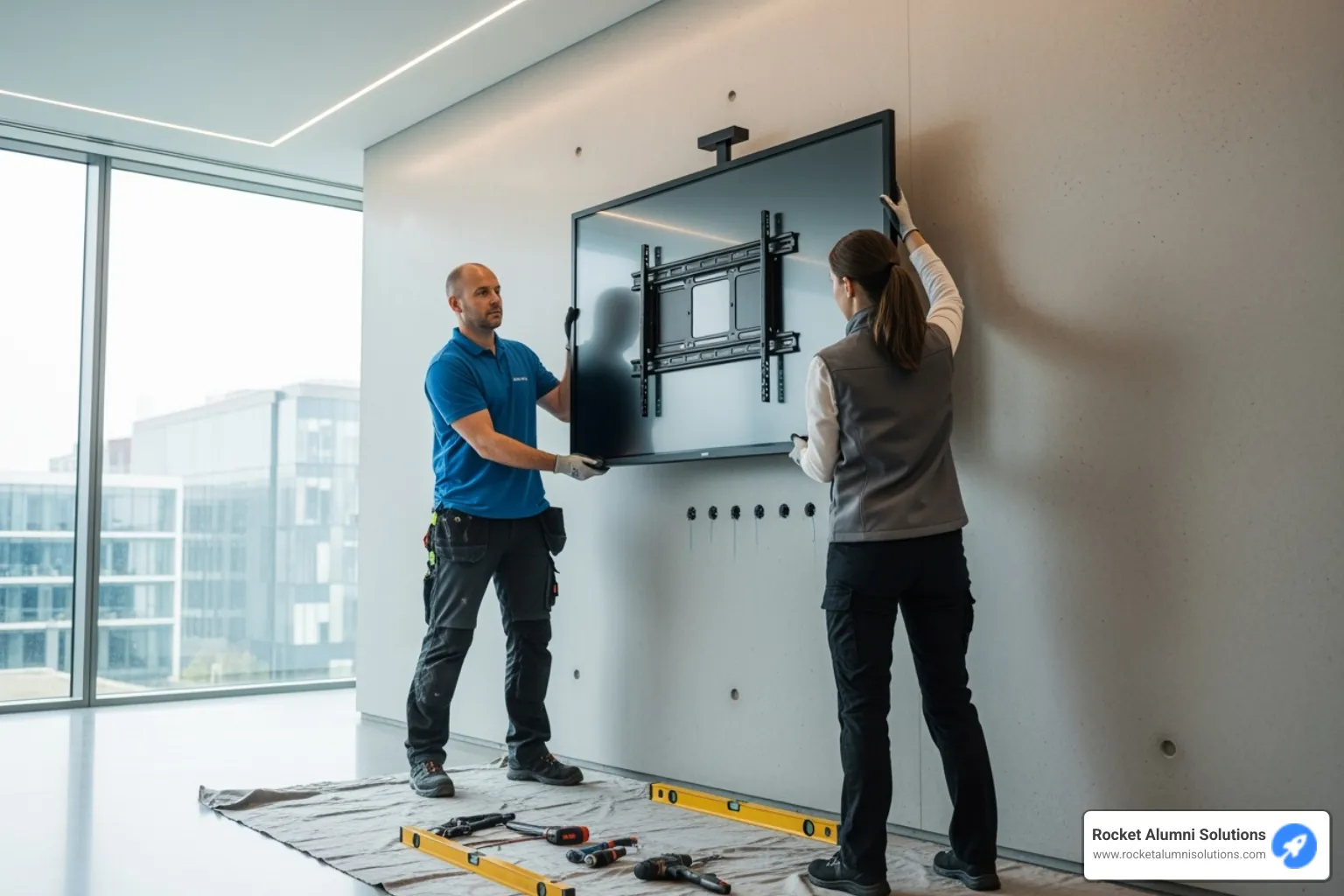 Technicians mounting a large touchscreen display on a wall - Alumni Achievement Touchscreen Technicians mounting a large touchscreen display on a wall - Alumni Achievement Touchscreen