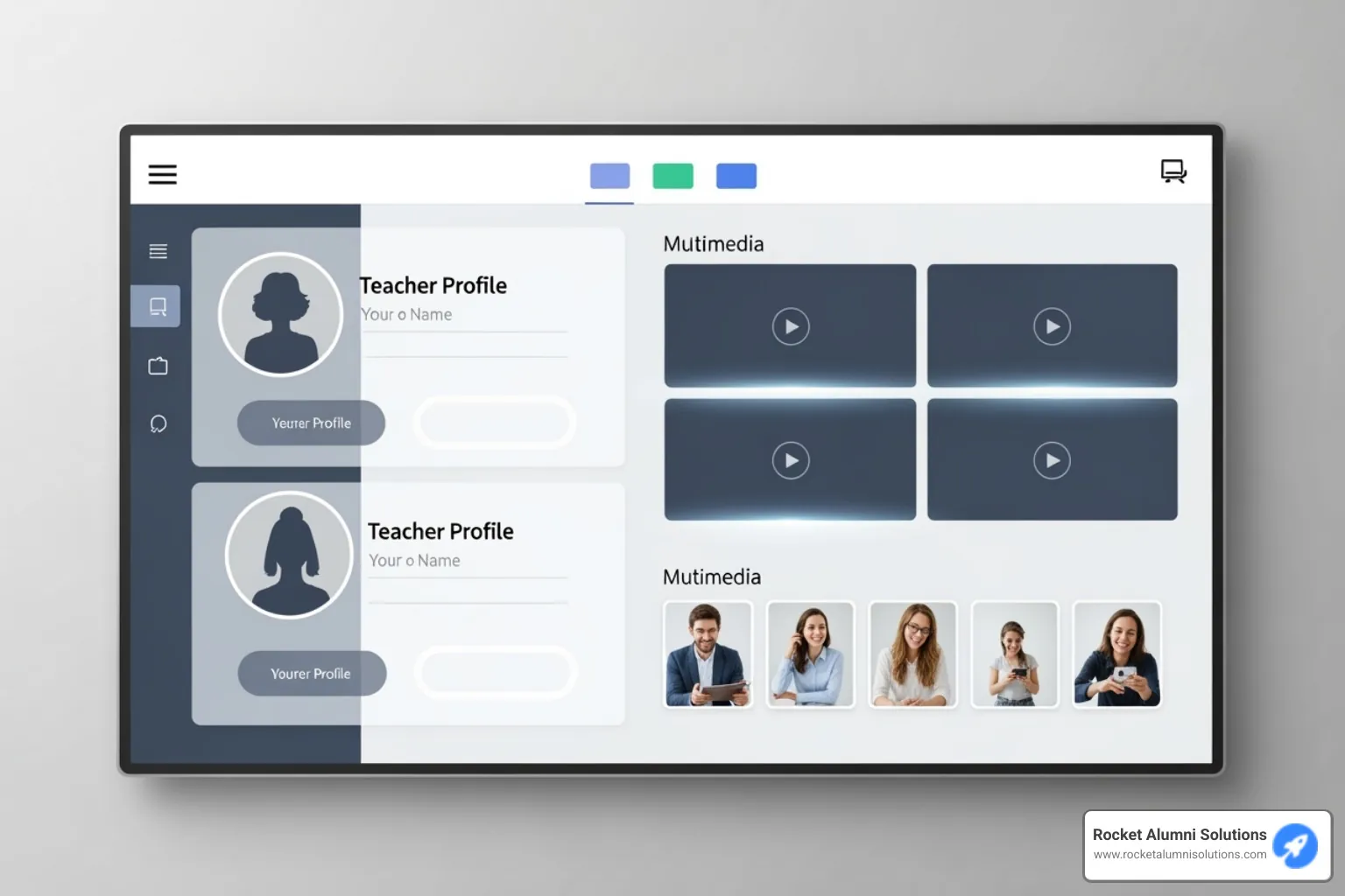 Software interface showing custom layouts with teacher profiles, multimedia content, and navigation menus - Teacher Recognition Touchscreen Software interface showing custom layouts with teacher profiles, multimedia content, and navigation menus - Teacher Recognition Touchscreen