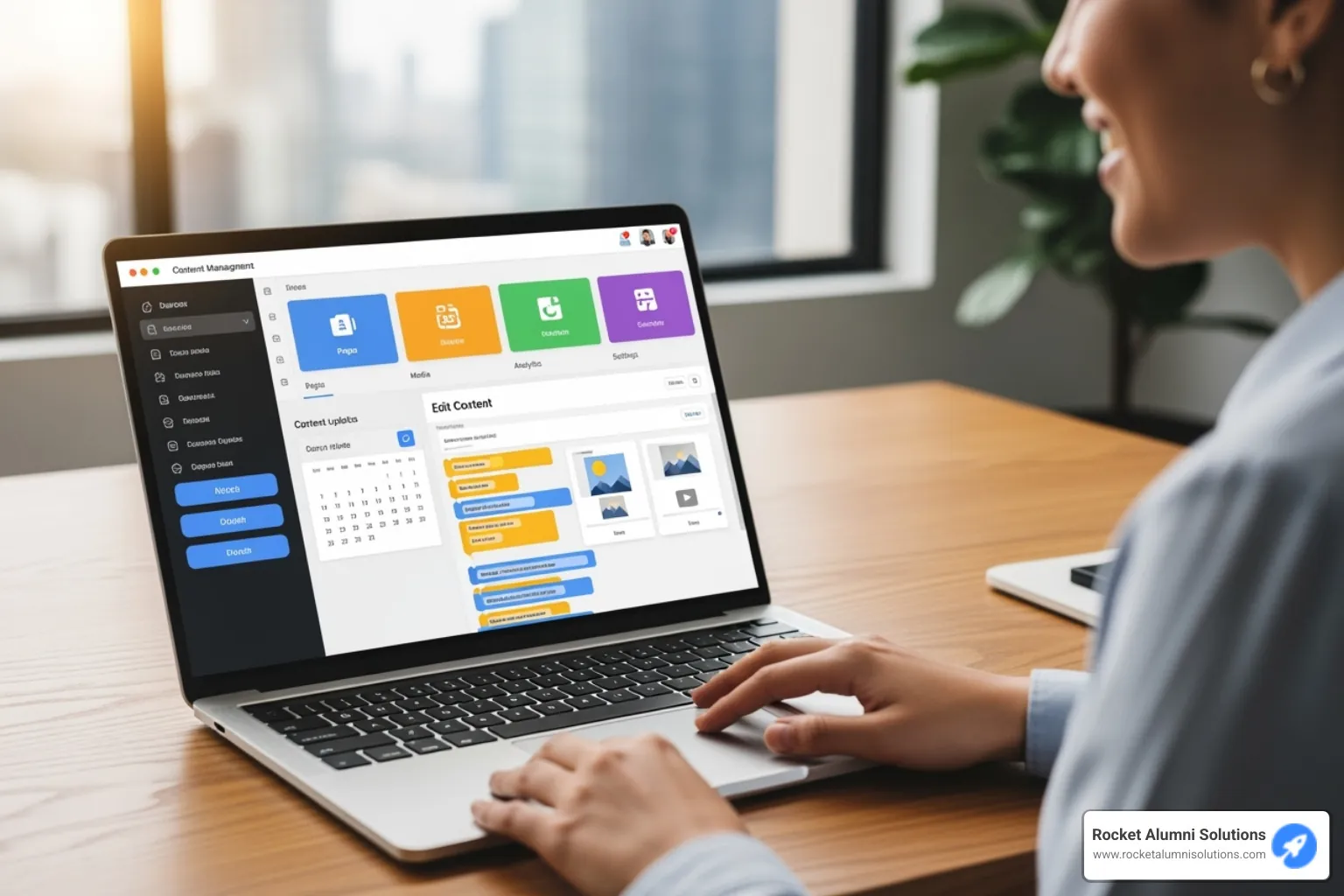 A person easily updating content on a laptop for the touchscreen display, showcasing the user-friendly content management system - Touchscreen Community Honors Platform