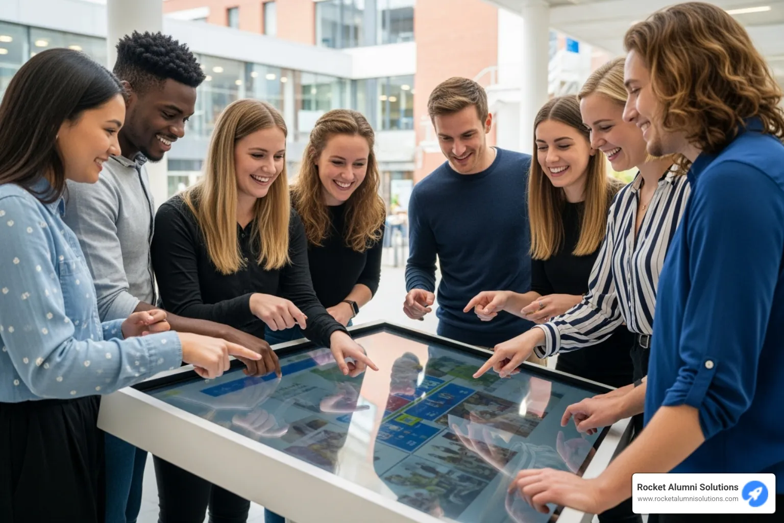 Students and alumni gathered around a touchscreen, smiling and pointing, engaging with the content - Touchscreen Community Honors Platform