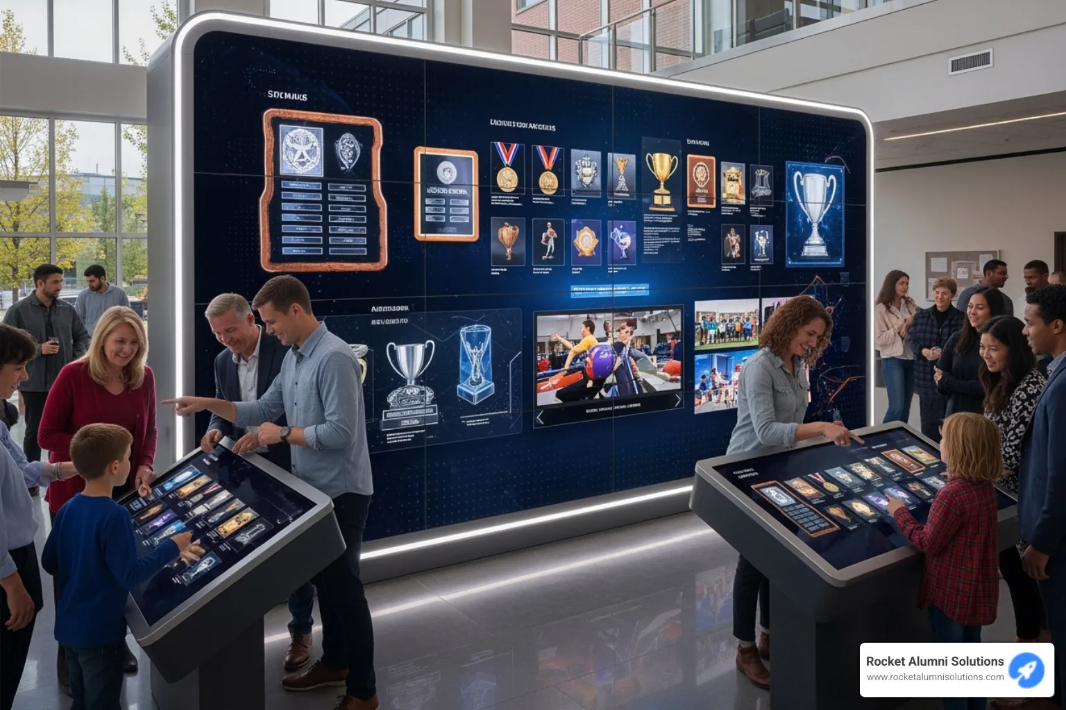 A digital trophy case showcasing athletic awards with video highlights, viewed by an admiring crowd - Touchscreen Community Honors Platform