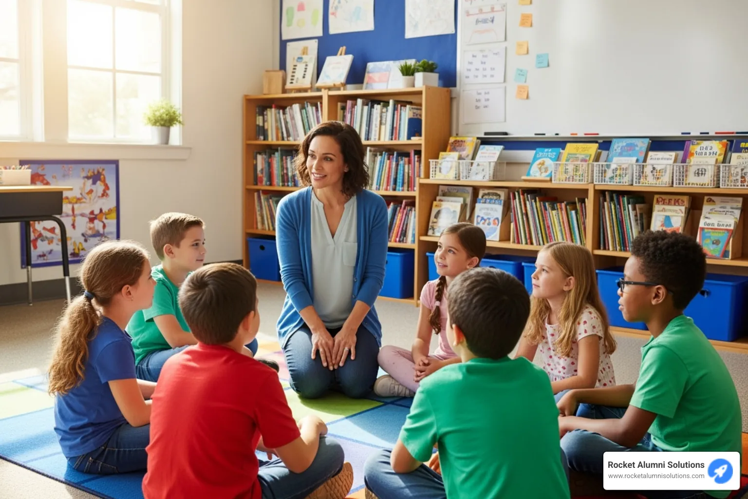 a teacher talking with a small group of students in a circle - elementary class superlatives