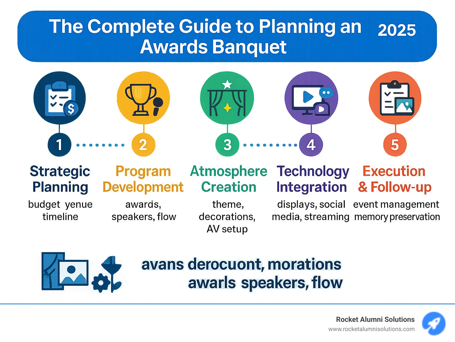 Infographic showing the 5 key stages of planning a successful awards banquet: 1. Strategic Planning (budget, venue, timeline), 2. Program Development (awards, speakers, flow), 3. Atmosphere Creation (theme, decorations, AV setup), 4. Technology Integration (displays, social media, streaming), 5. Execution & Follow-up (event management, memory preservation) - awards banquet infographic Infographic showing the 5 key stages of planning a successful awards banquet: 1. Strategic Planning (budget, venue, timeline), 2. Program Development (awards, speakers, flow), 3. Atmosphere Creation (theme, decorations, AV setup), 4. Technology Integration (displays, social media, streaming), 5. Execution & Follow-up (event management, memory preservation) - awards banquet infographic