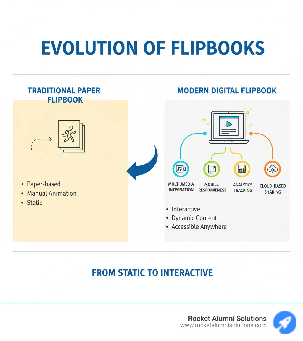 Evolution of flipbooks from traditional paper-based animation books to modern interactive digital publications with features like multimedia integration, mobile responsiveness, analytics tracking, and cloud-based sharing capabilities - virtual flip book infographic