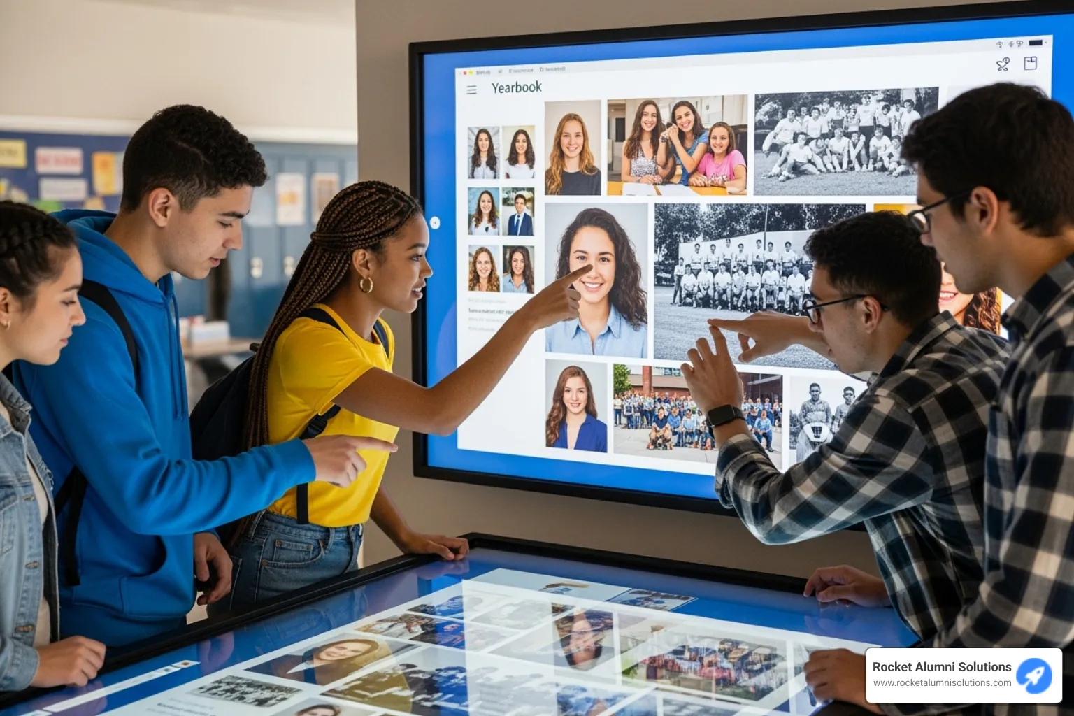 A large touchscreen display showing a digital yearbook interface, with students interacting with profiles and historical content. - virtual flip book